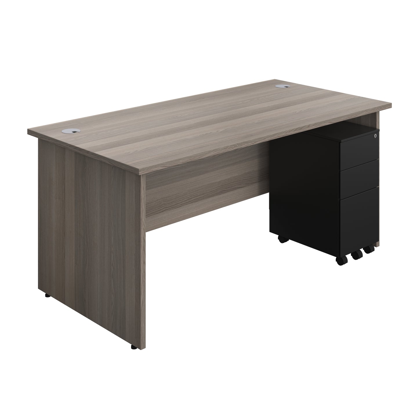 Aztec|Panel|Rectangular Desk with 3 Drawer Black Slimline Steel Pedestal|1600x800|Grey Oak