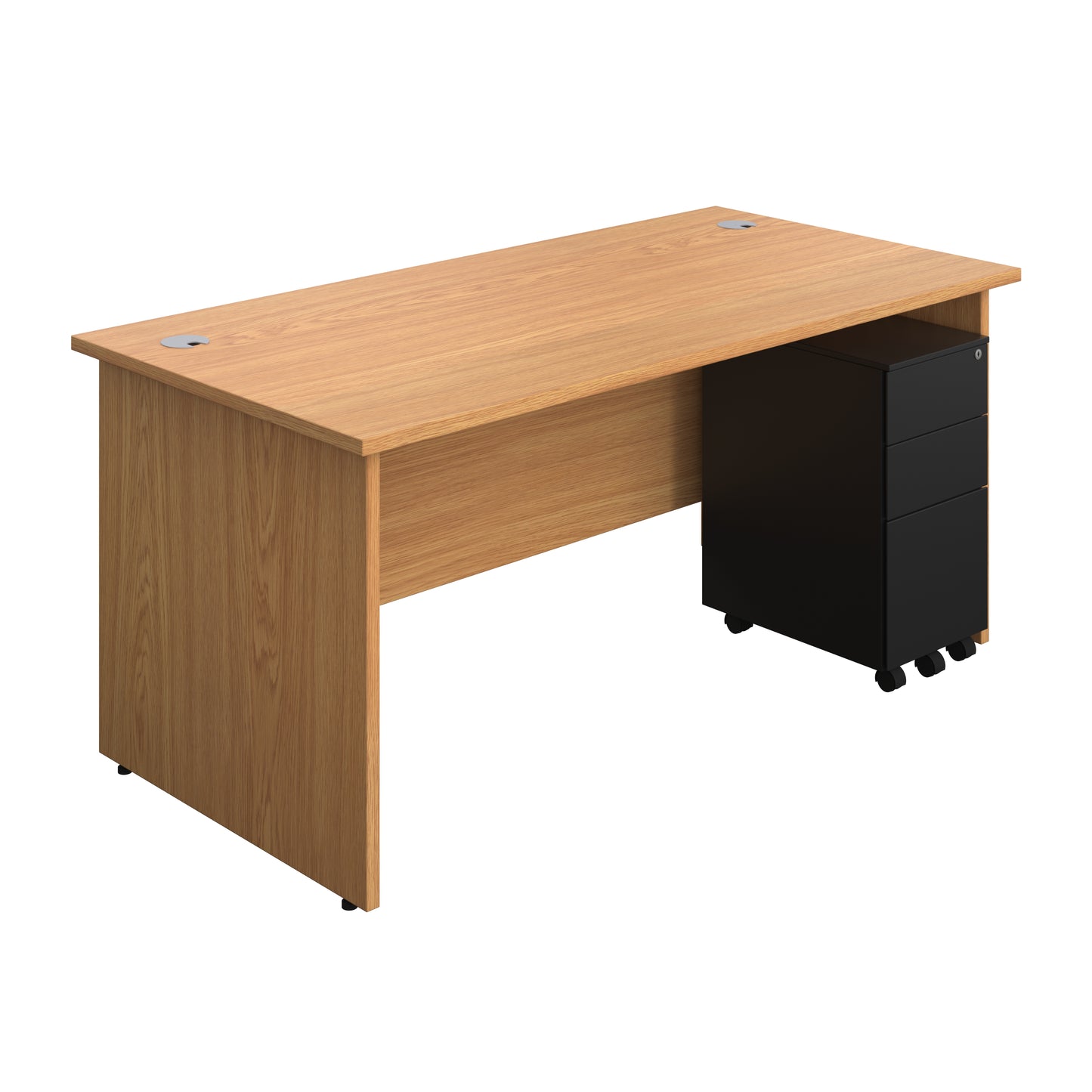 Aztec|Panel|Rectangular Desk with 3 Drawer Black Slimline Steel Pedestal|1600x800|Nova Oak
