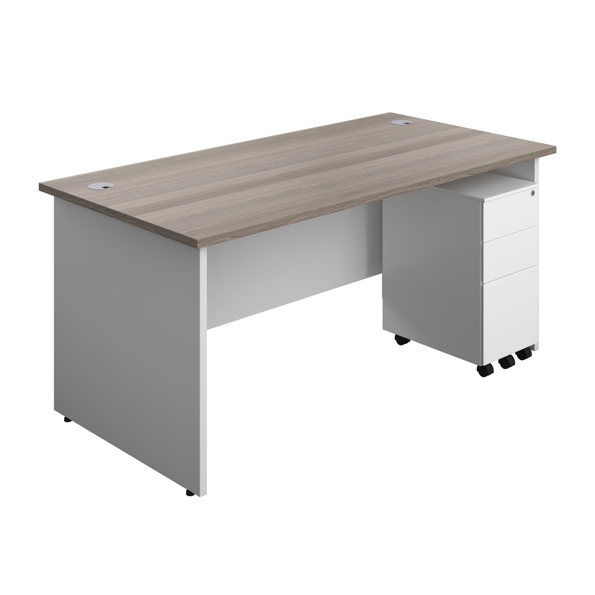 Aztec|Panel|Rectangular Desk with 3 Drawer Slimline Steel Pedestal|1600x800|Grey Oak-White
