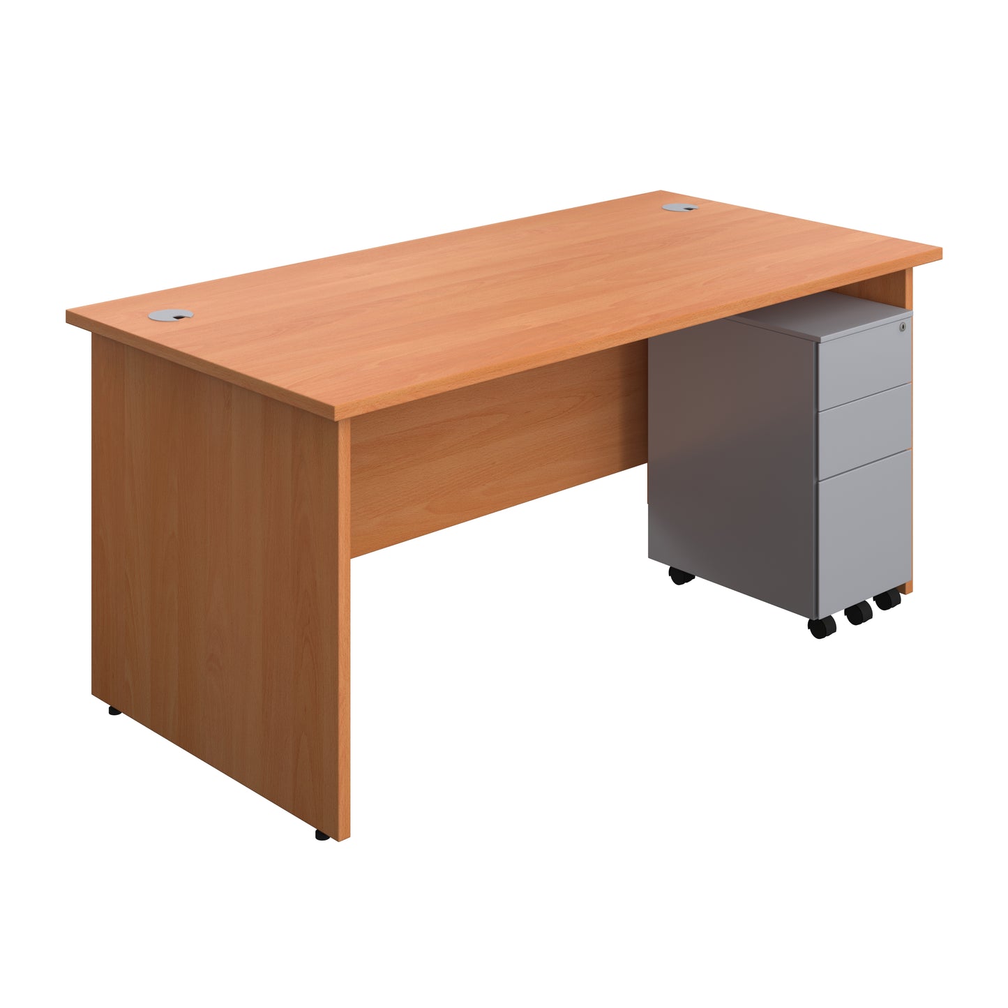 Aztec|Panel|Rectangular Desk with 3 Drawer Silver Slimline Steel Pedestal|1600x800|Beech