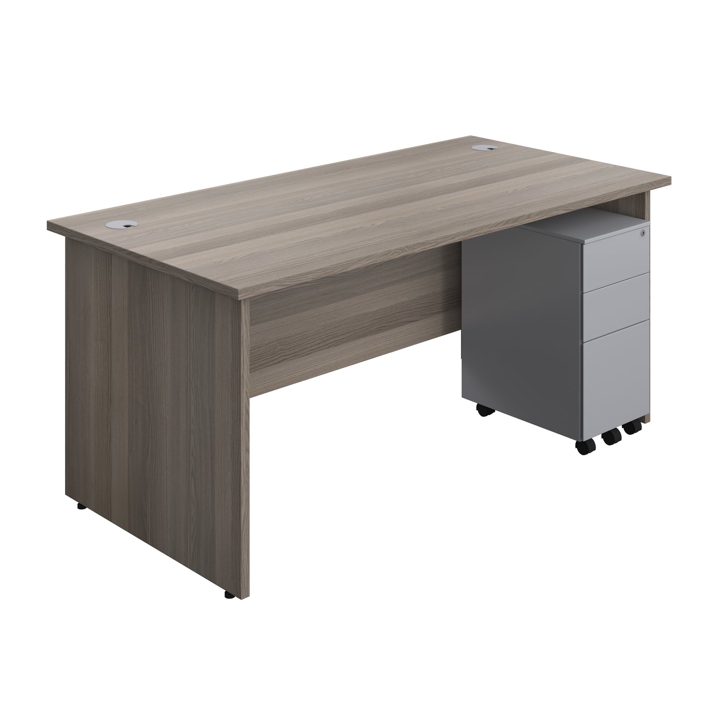 Aztec|Panel|Rectangular Desk with 3 Drawer Silver Slimline Steel Pedestal|1600x800|Grey Oak