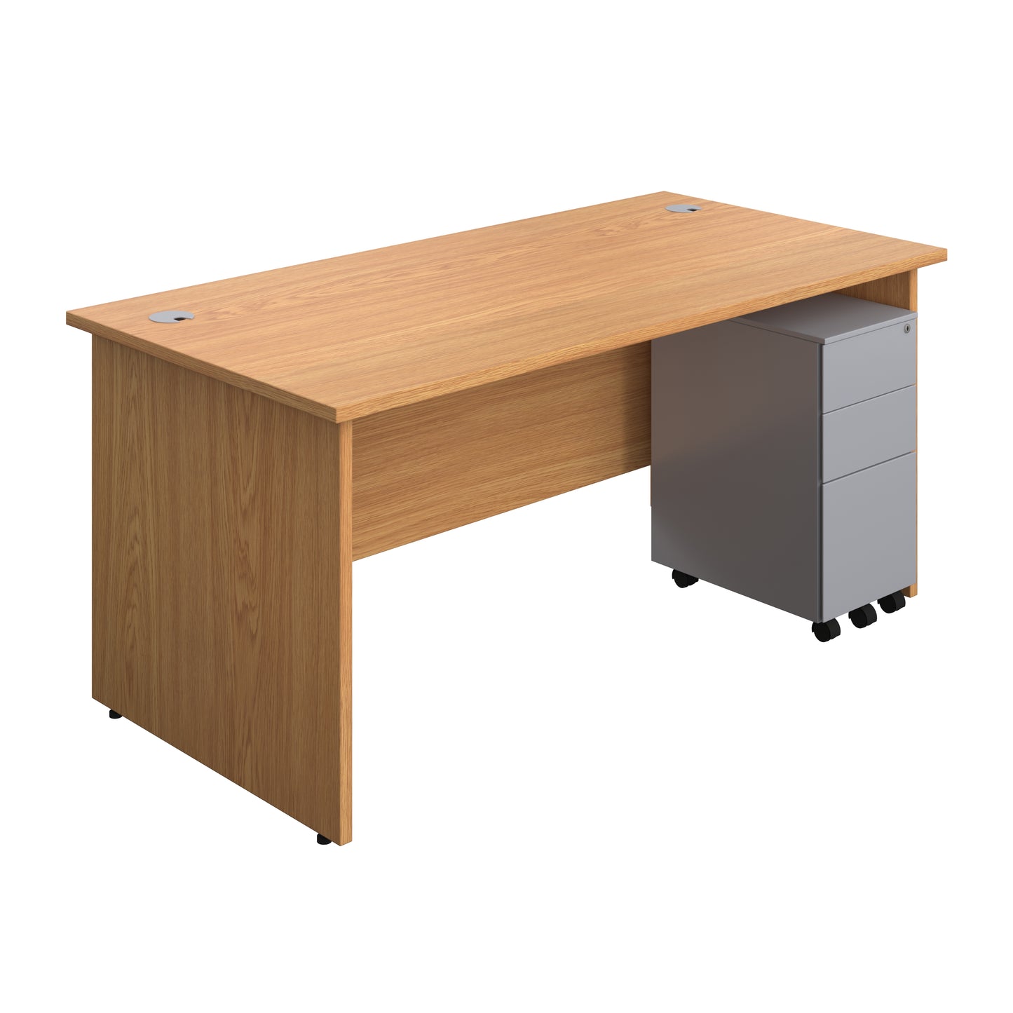 Aztec|Panel|Rectangular Desk with 3 Drawer Silver Slimline Steel Pedestal|1600x800|Nova Oak