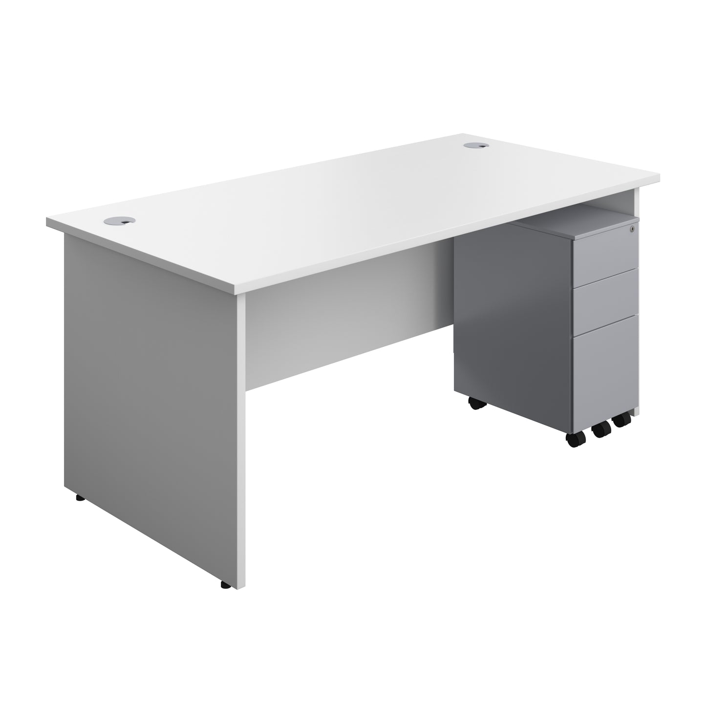 Aztec|Panel|Rectangular Desk with 3 Drawer Silver Slimline Steel Pedestal|1600x800|White
