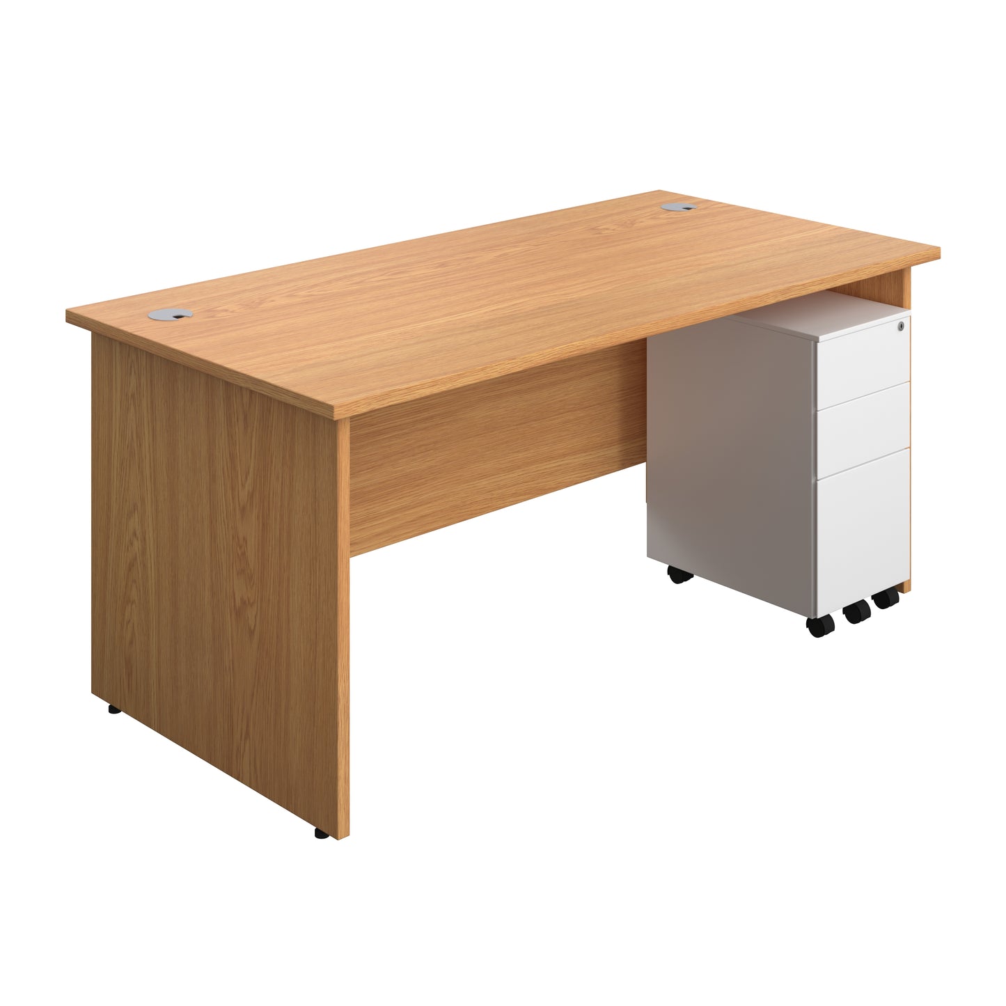 Aztec|Panel|Rectangular Desk with 3 Drawer White Slimline Steel Pedestal|1600x800|Nova Oak