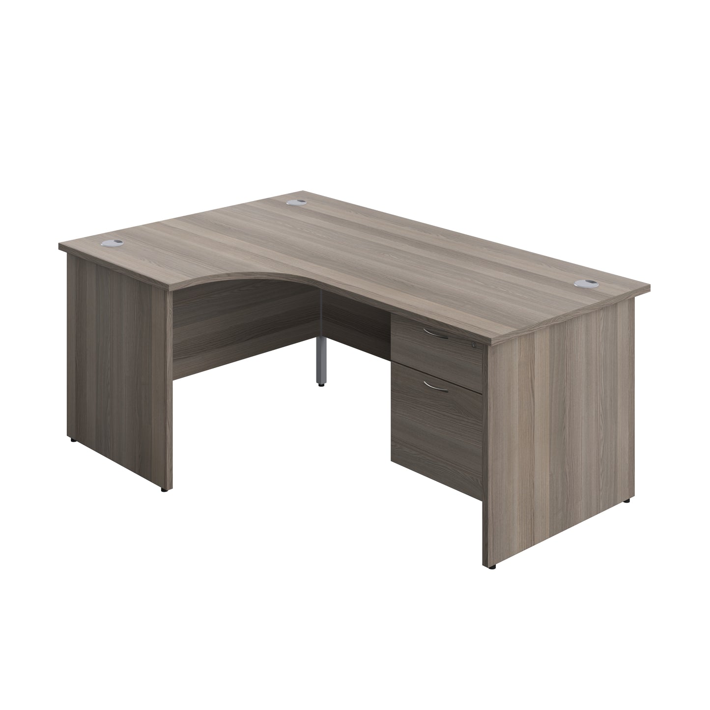 Aztec|Panel|Left Hand Radial Desk with 2 Drawer Fixed Pedestal|1800x1200|Grey Oak