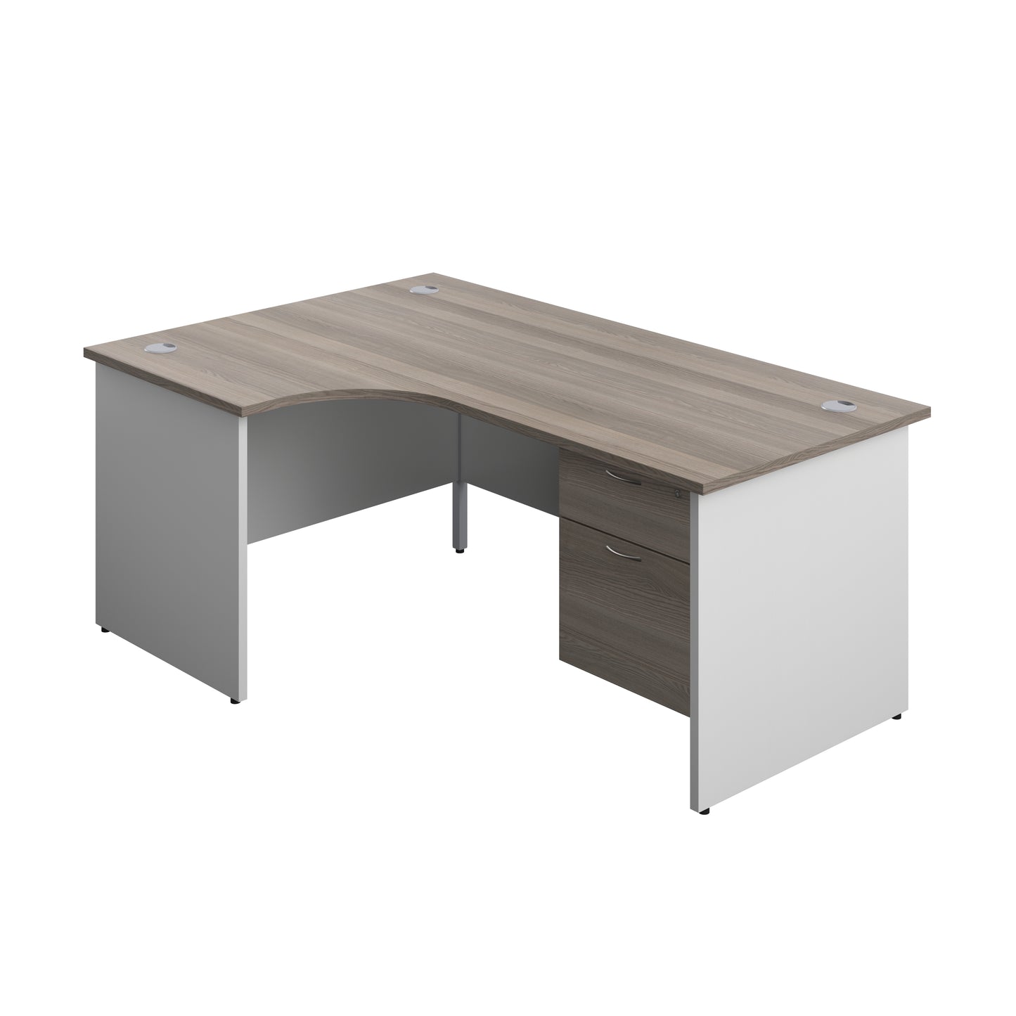 Aztec|Panel|Left Hand Radial Desk with 2 Drawer Fixed Pedestal|1800x1200|Grey Oak-White