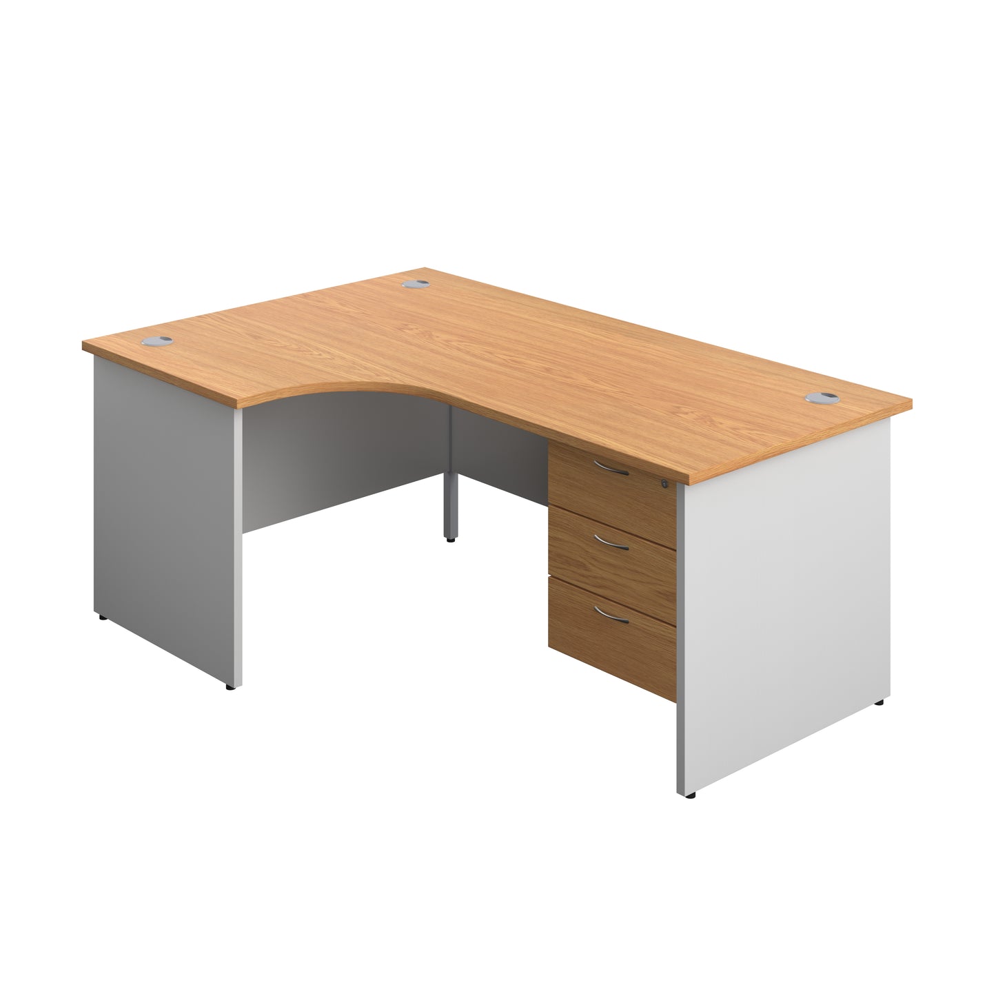 Aztec|Panel|Left Hand Radial Desk with 3 Drawer Fixed Pedestal|1800x1200|Nova Oak-White