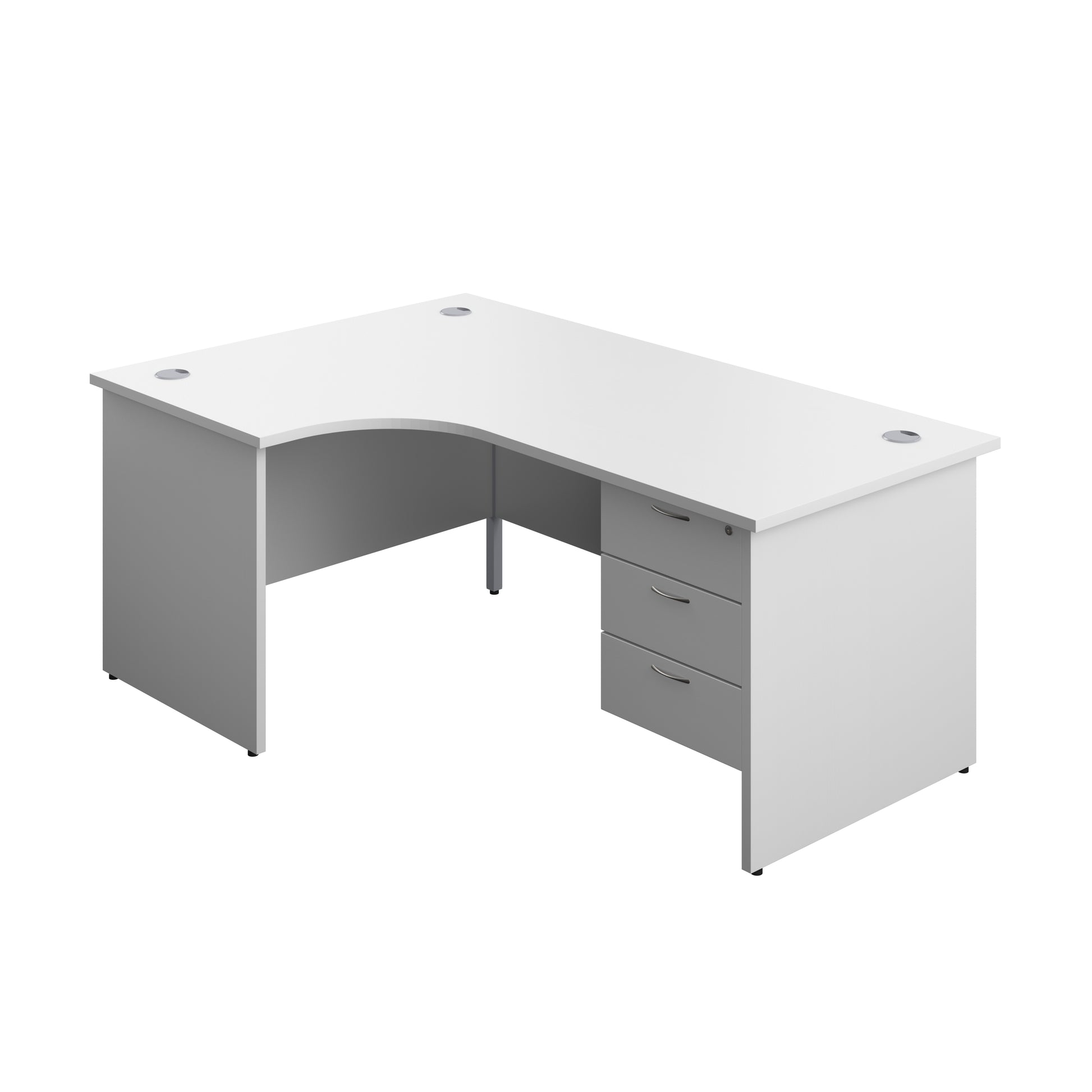 Aztec|Panel|Left Hand Radial Desk with 3 Drawer Fixed Pedestal|1800x1200|White