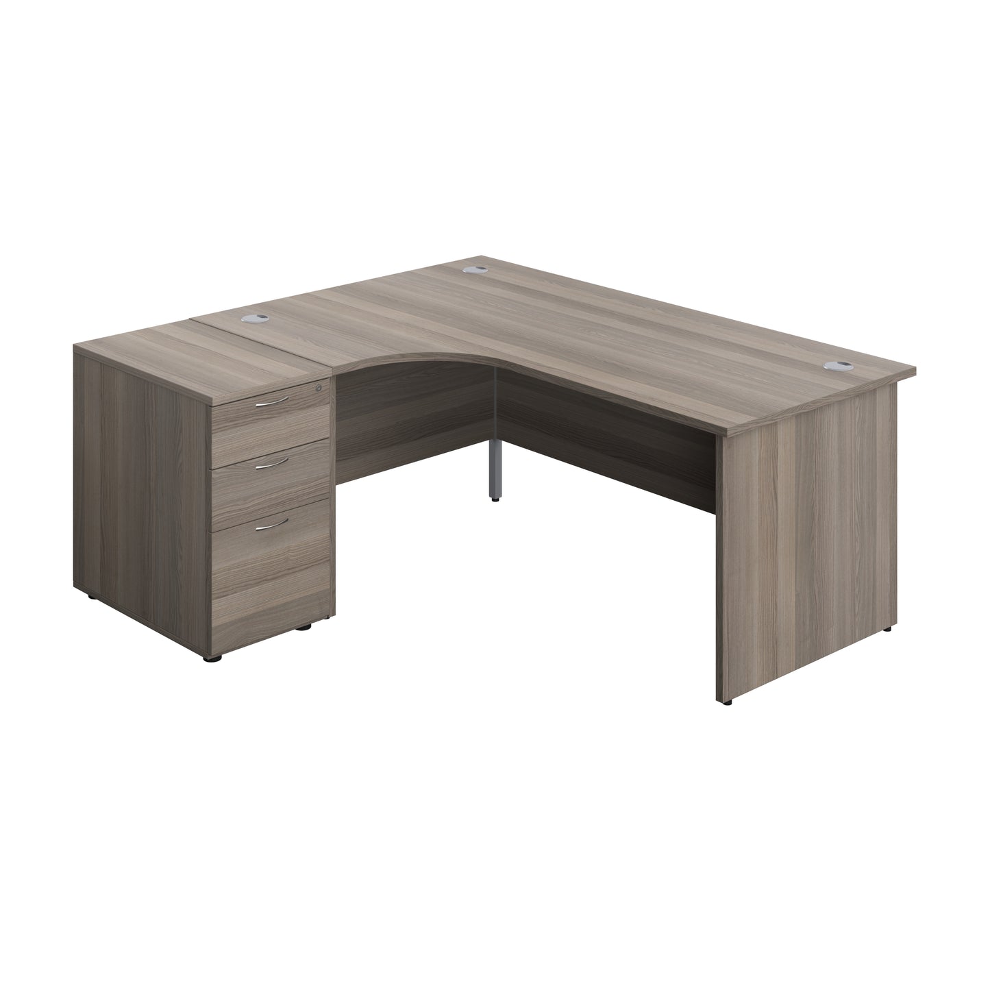 Aztec|Panel|Left Hand Radial Desk with 3 Drawer 600 Desk High Pedestal|1800x1200|Grey Oak