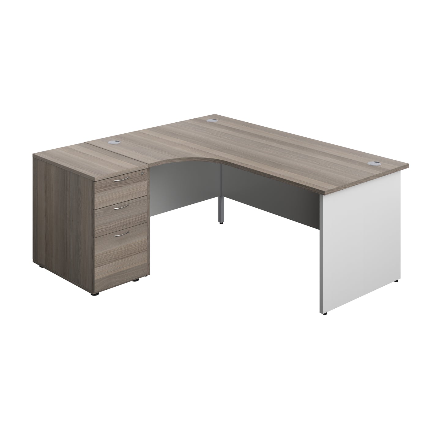 Aztec|Panel|Left Hand Radial Desk with 3 Drawer 600 Desk High Pedestal|1800x1200|Grey Oak-White