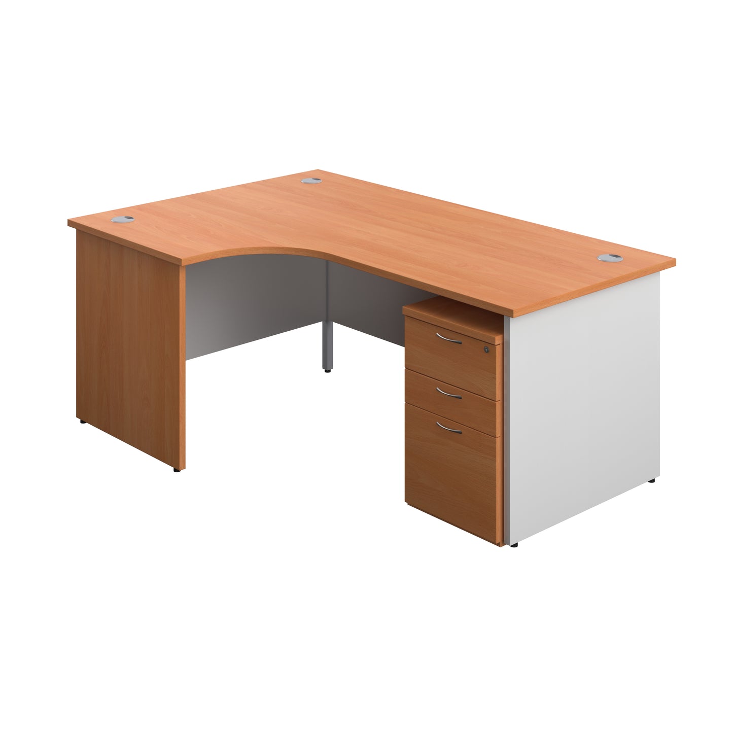 Aztec|Panel|Left Hand Radial Desk with 3 Drawer High Mobile Pedestal|1800x1200|Beech-White