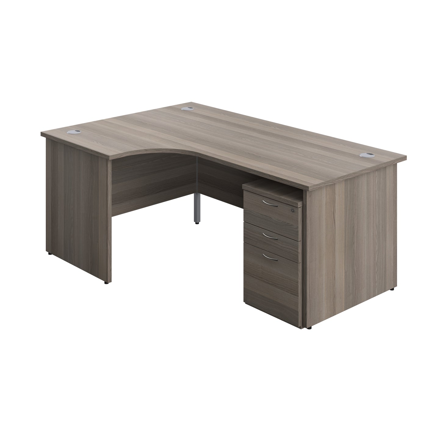Aztec|Panel|Left Hand Radial Desk with 3 Drawer High Mobile Pedestal|1800x1200|Grey Oak