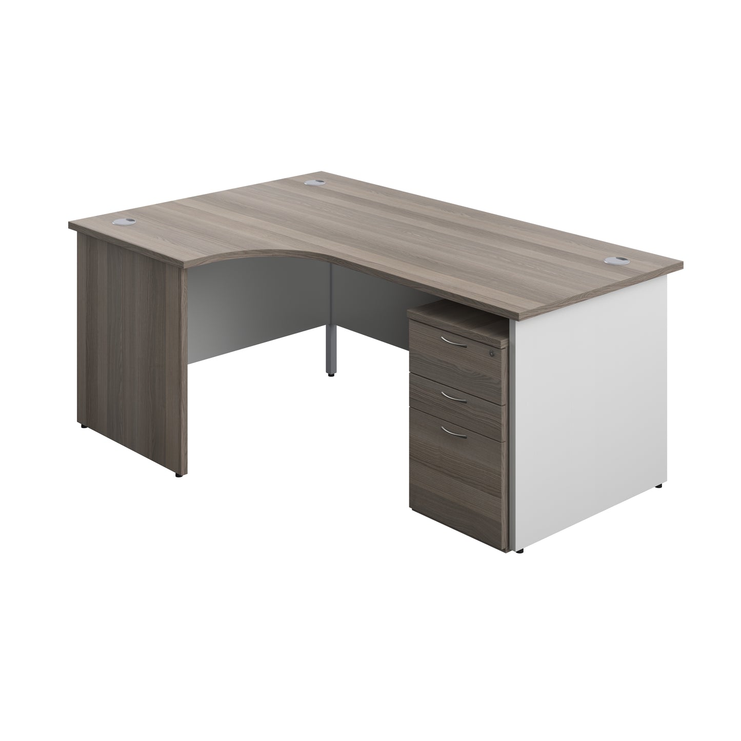 Aztec|Panel|Left Hand Radial Desk with 3 Drawer High Mobile Pedestal|1800x1200|Grey Oak-White