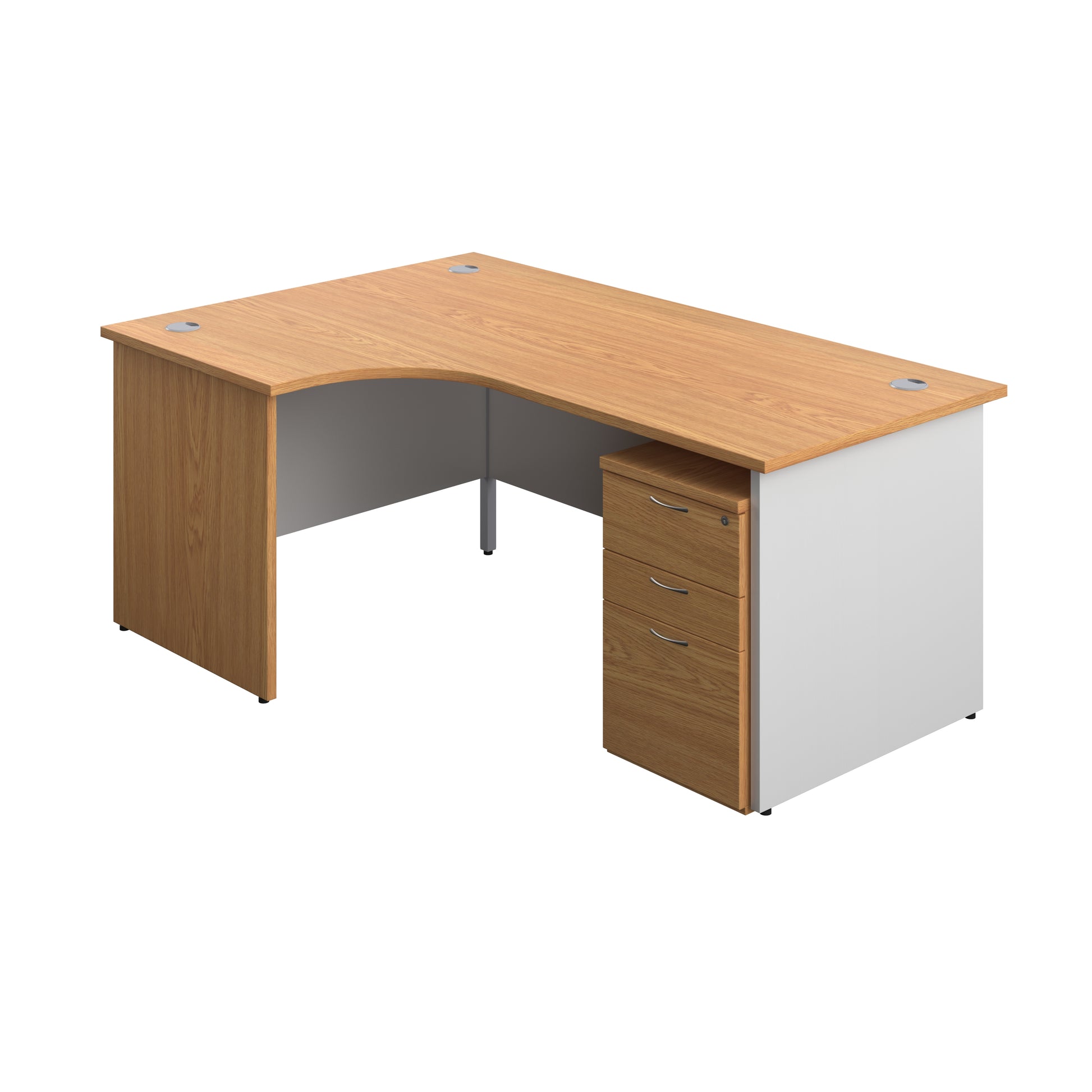 Aztec|Panel|Left Hand Radial Desk with 3 Drawer High Mobile Pedestal|1800x1200|Nova Oak-White