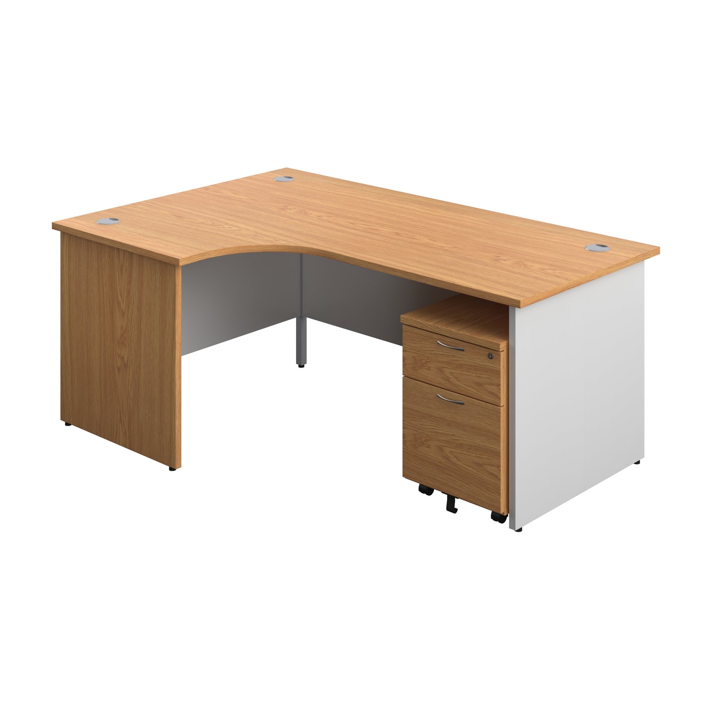 Aztec|Panel|Left Hand Radial Desk with 2 Drawer Mobile Pedestal|1800x1200|Nova Oak-White