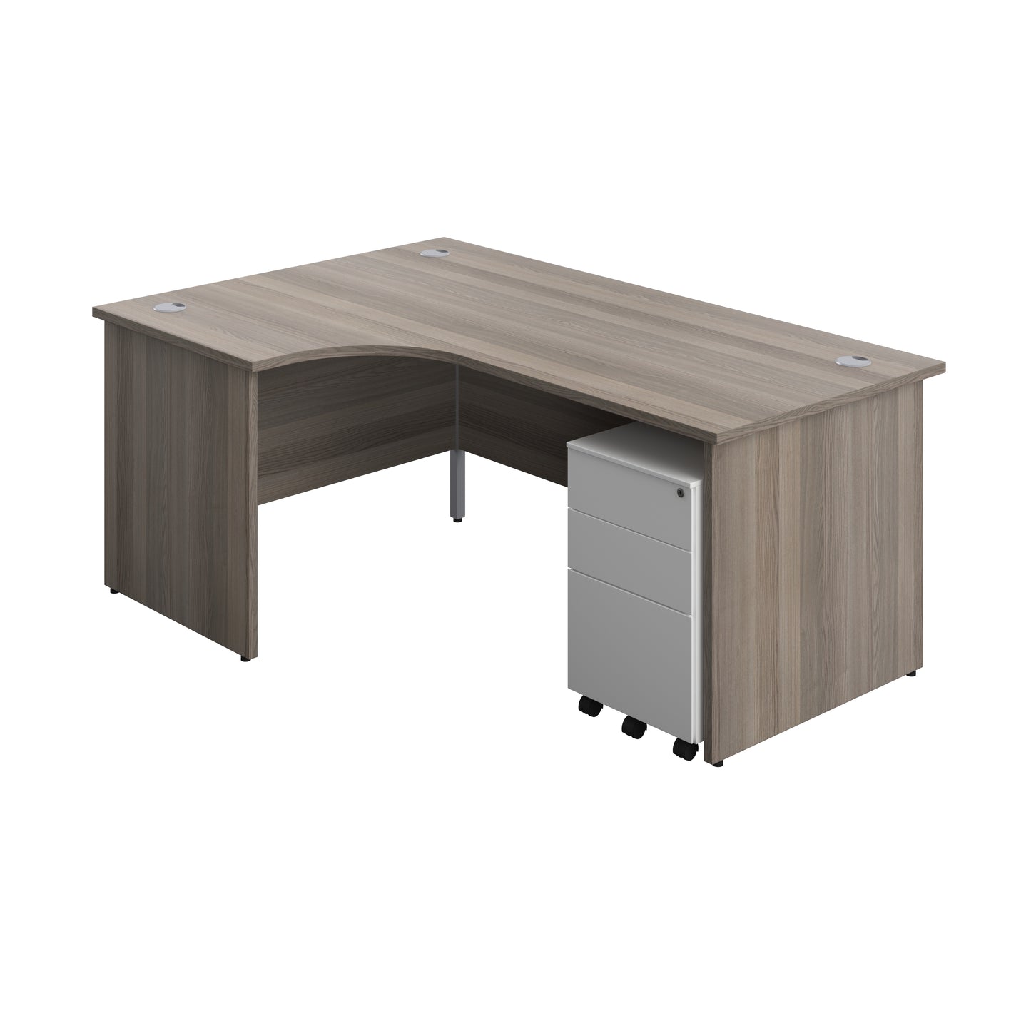 Aztec|Panel|Left Hand Radial Desk with 3 Drawer White Steel Mobile Pedestal|1800x1200|Grey Oak