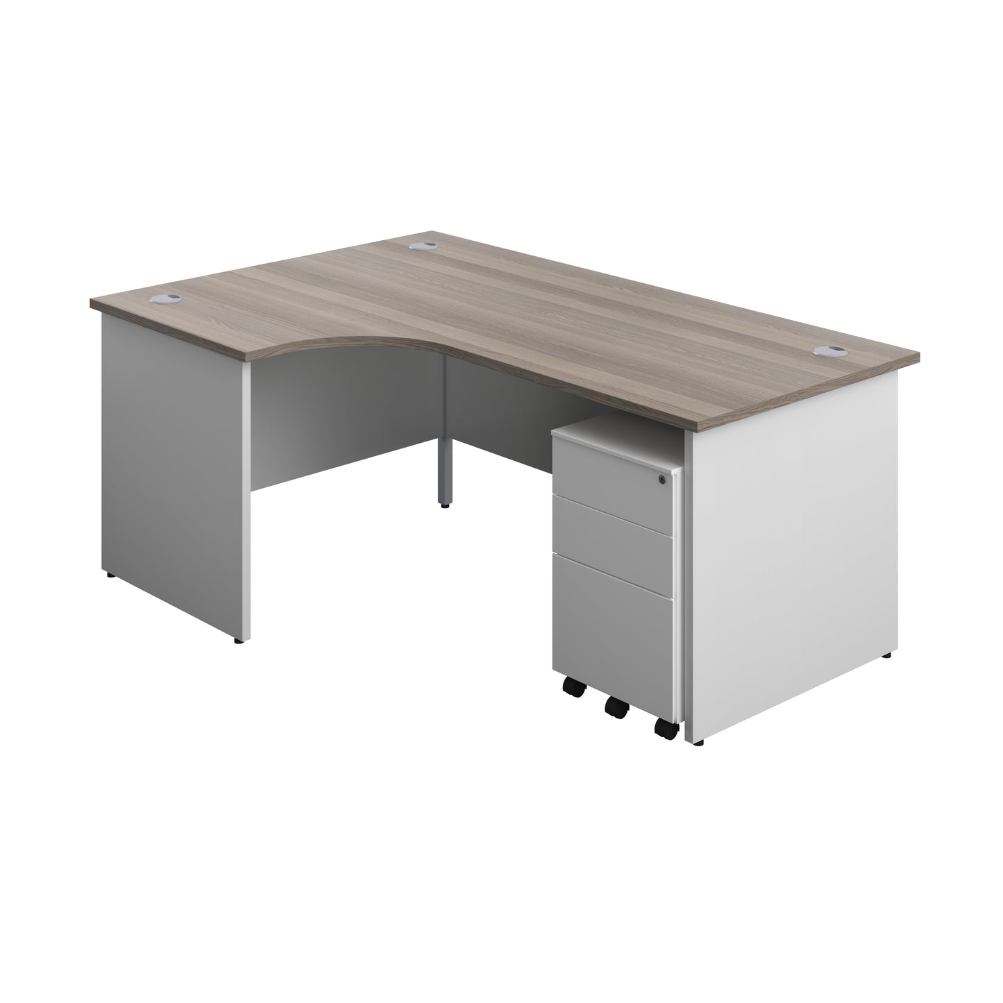 Aztec|Panel|Left Hand Radial Desk with 3 Drawer Steel Mobile Pedestal|1800x1200|Grey Oak-White