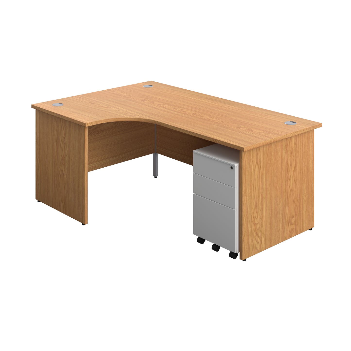 Aztec|Panel|Left Hand Radial Desk with 3 Drawer White Steel Mobile Pedestal|1800x1200|Nova Oak