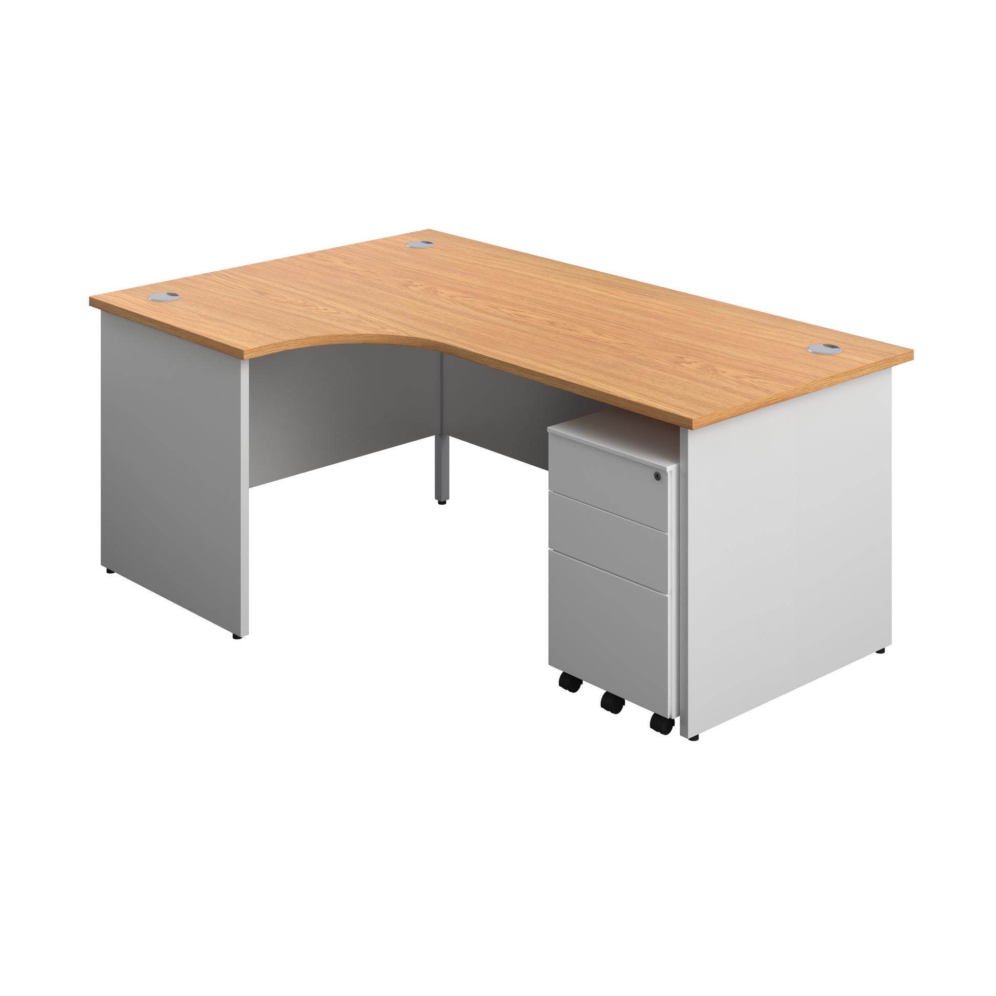 Aztec|Panel|Left Hand Radial Desk with 3 Drawer Steel Mobile Pedestal|1800x1200|Nova Oak-White