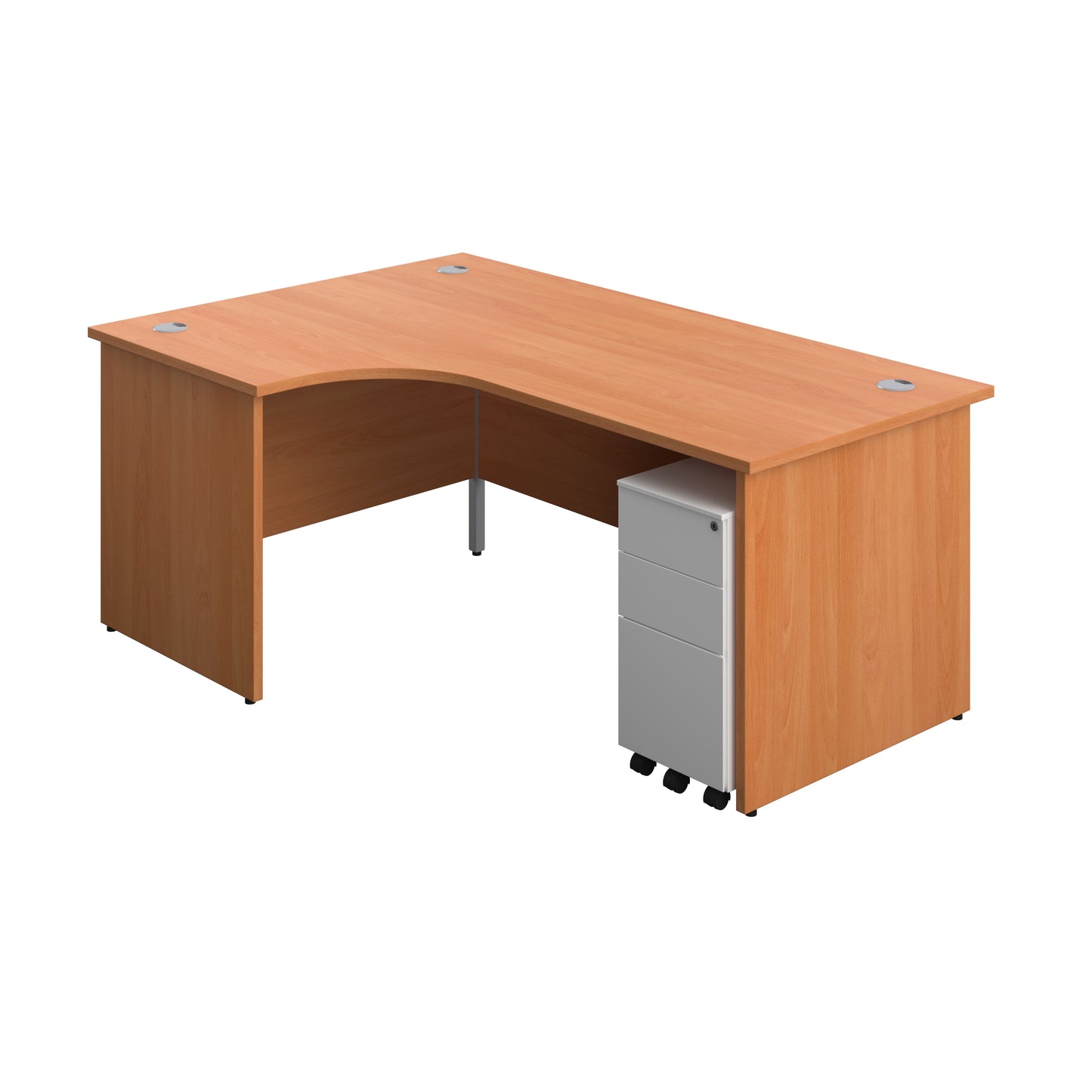 Aztec|Panel|Left Hand Radial Desk with 3 Drawer White Slimline Steel Mobile Pedestal|1800x1200|Beech