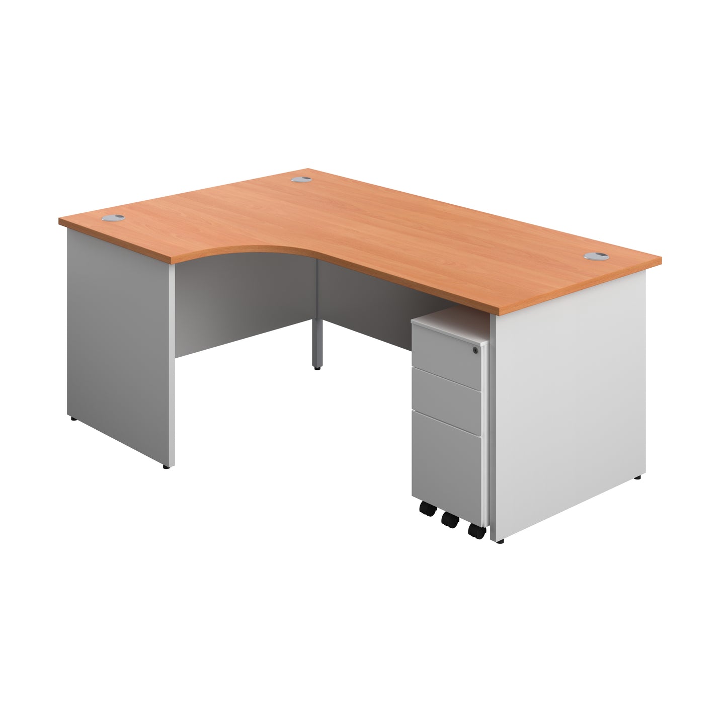 Aztec|Panel|Left Hand Radial Desk with 3 Drawer White Slimline Steel Mobile Pedestal|1800x1200|Beech-White