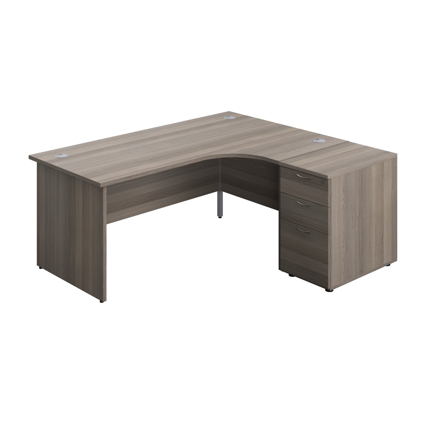 Aztec|Panel|Right Hand Radial Desk with 3 Drawer 600 Desk High Pedestal|1800x1200|Grey Oak