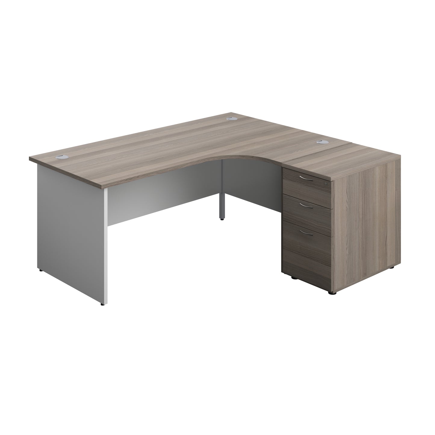Aztec|Panel|Right Hand Radial Desk with 3 Drawer 600 Desk High Pedestal|1800x1200|Grey Oak-White