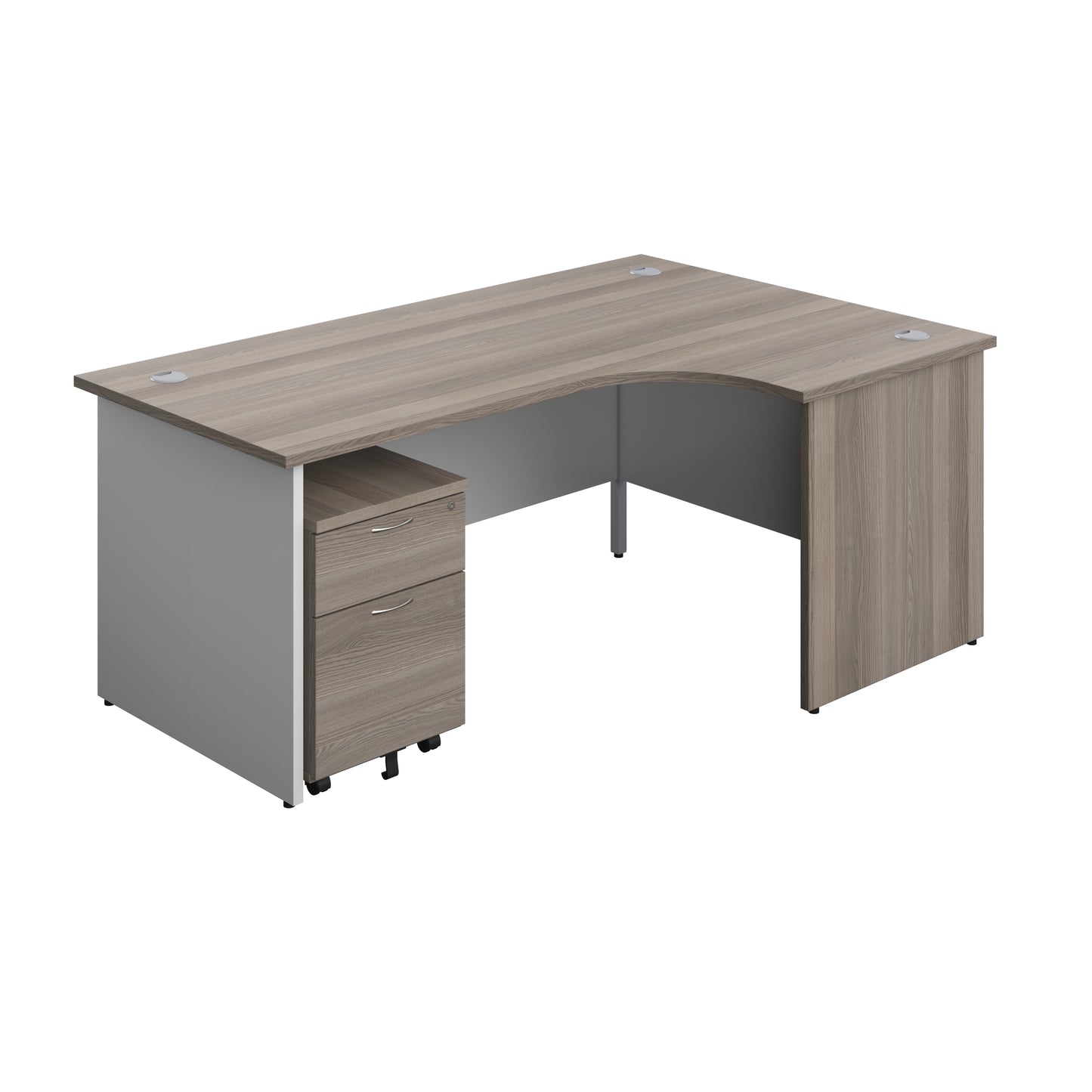 Aztec|Panel|Right Hand Radial Desk with 2 Drawer Mobile Pedestal|1800x1200|Grey Oak-White