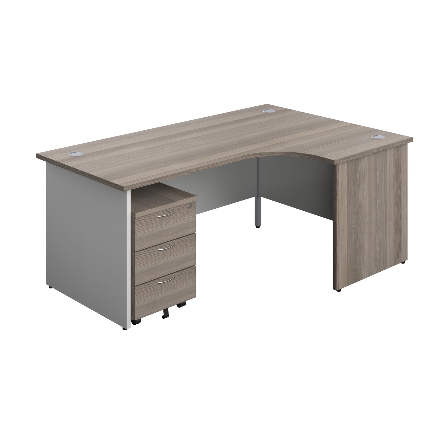 Aztec|Panel|Right Hand Radial Desk with 3 Drawer Mobile Pedestal|1800x1200|Grey Oak-White