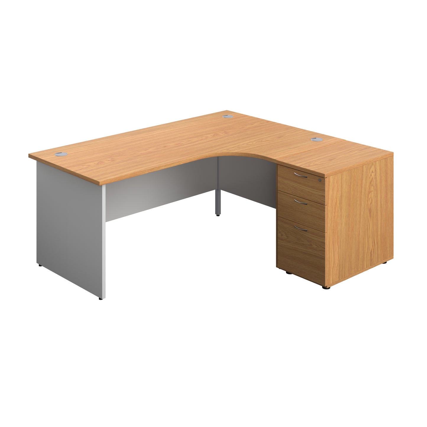 Aztec|Panel|Right Hand Radial Desk with 3 Drawer 600 Desk High Pedestal|1800x1200|Nova Oak-White