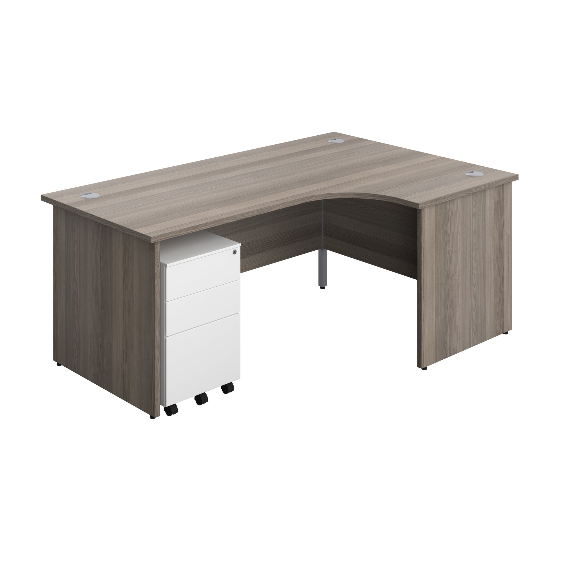 Aztec|Panel|Right Hand Radial Desk with 3 Drawer White Steel Mobile Pedestal|1800x1200|Grey Oak