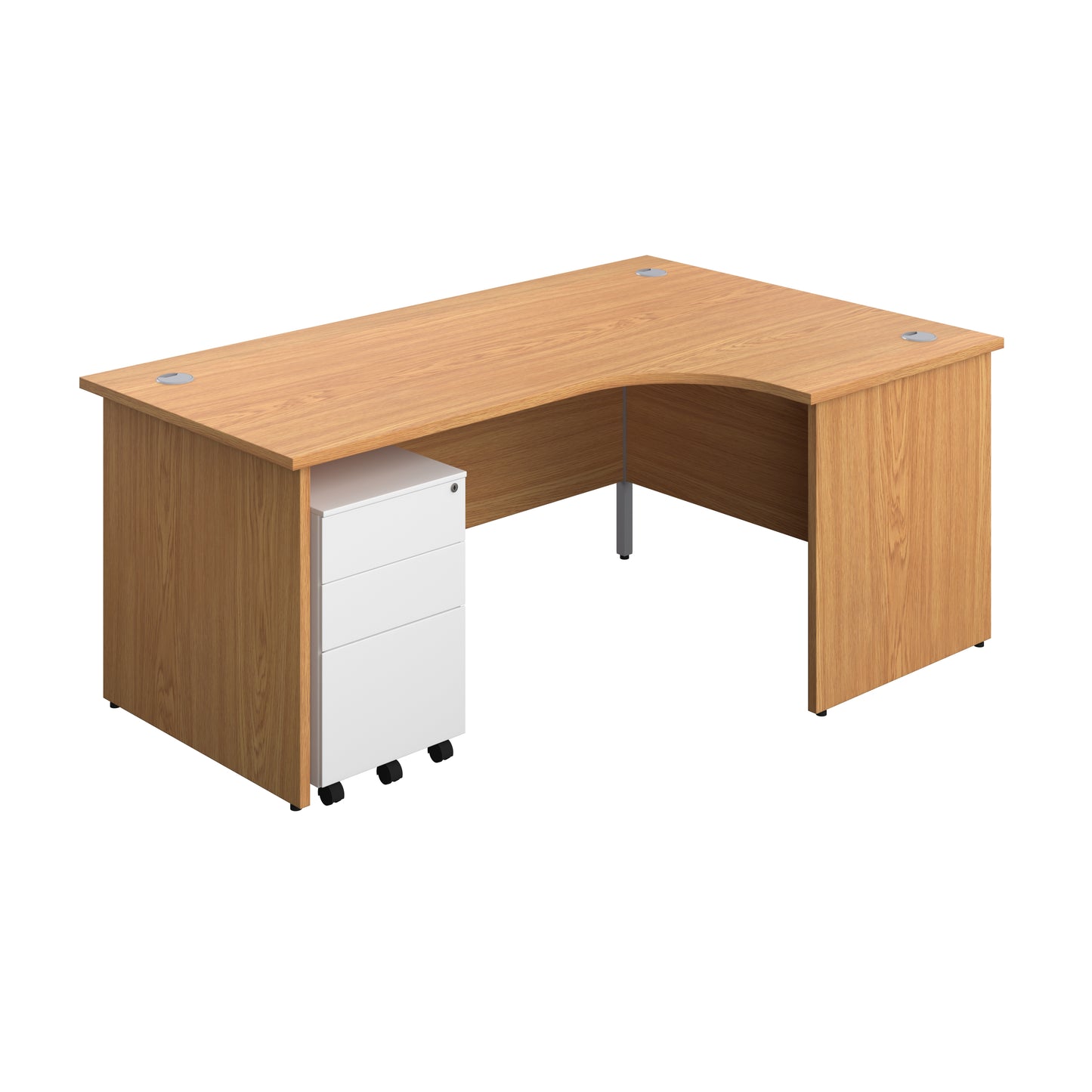 Aztec|Panel|Right Hand Radial Desk with 3 Drawer White Steel Mobile Pedestal|1800x1200|Nova Oak