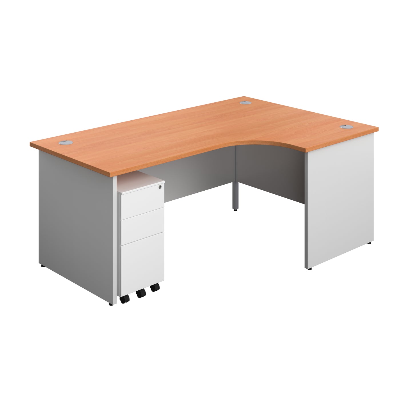 Aztec|Panel|Right Hand Radial Desk with 3 Drawer White Slimline Steel Mobile Pedestal|1800x1200|Beech-White