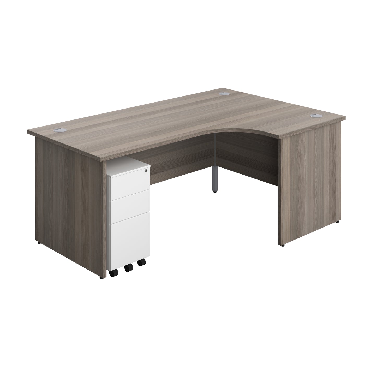 Aztec|Panel|Right Hand Radial Desk with 3 Drawer White Slimline Steel Mobile Pedestal|1800x1200|Grey Oak
