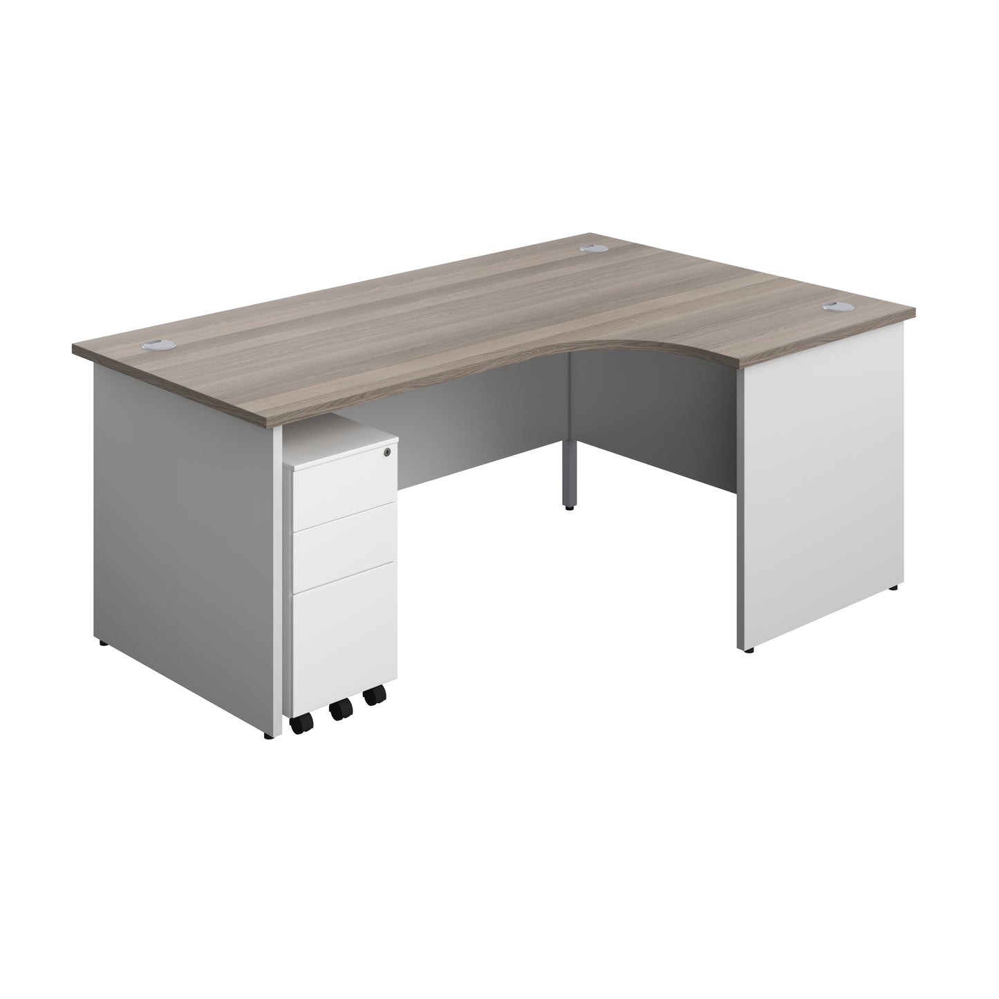 Aztec|Panel|Right Hand Radial Desk with 3 Drawer White Slimline Steel Mobile Pedestal|1800x1200|Grey Oak-White