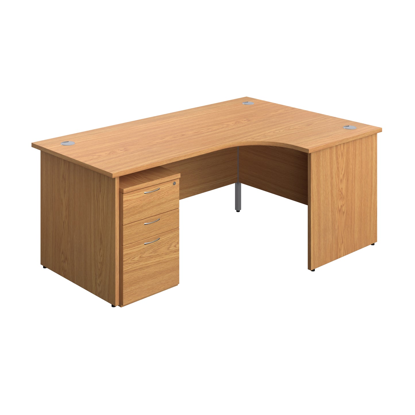 Aztec|Panel|Right Hand Radial Desk with 3 Drawer Under Desk Pedestal|1800x1200|Nova Oak