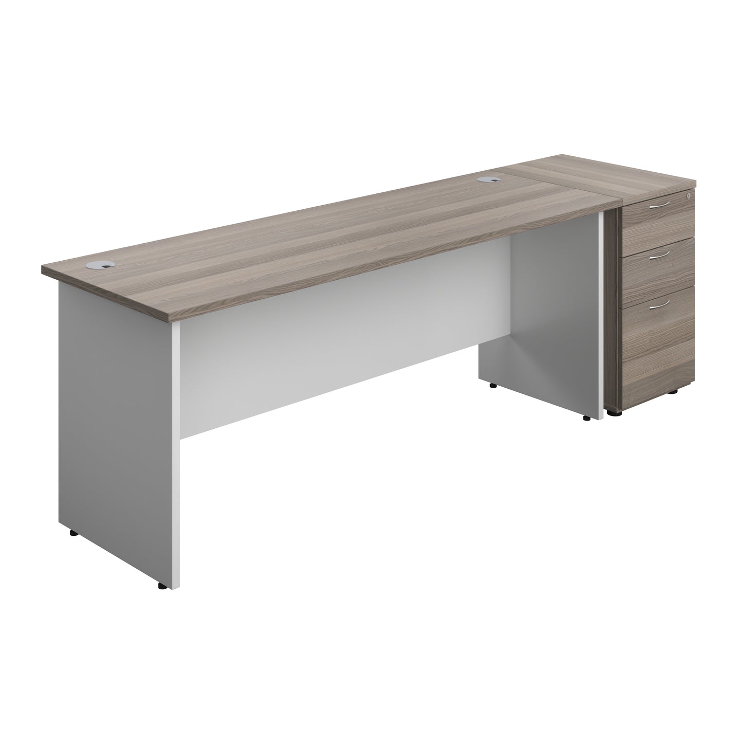 Aztec|Panel|Rectangular Desk with 3 Drawer 600 Desk High Pedestal|1800x600|Grey Oak-White