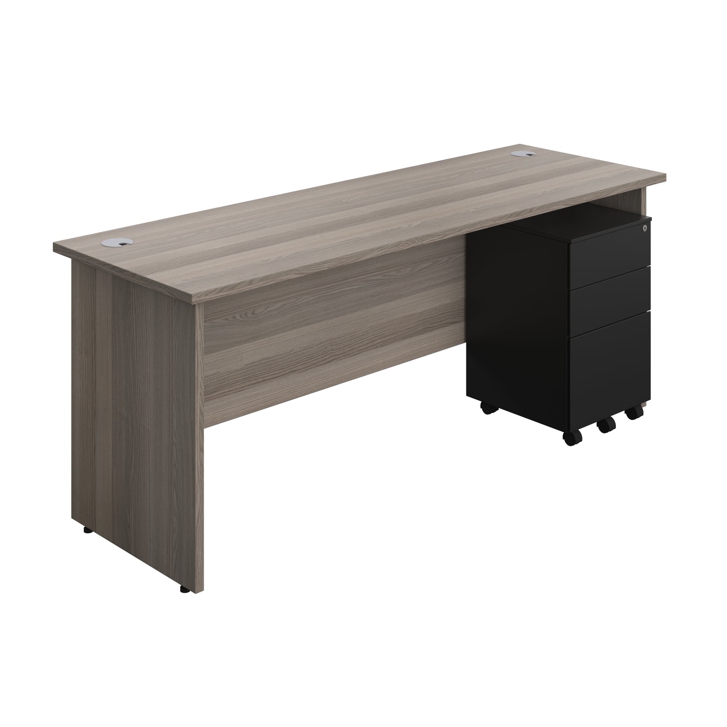 Aztec|Panel|Rectangular Desk with 3 Drawer Black Steel Pedestal|1800x600|Grey Oak