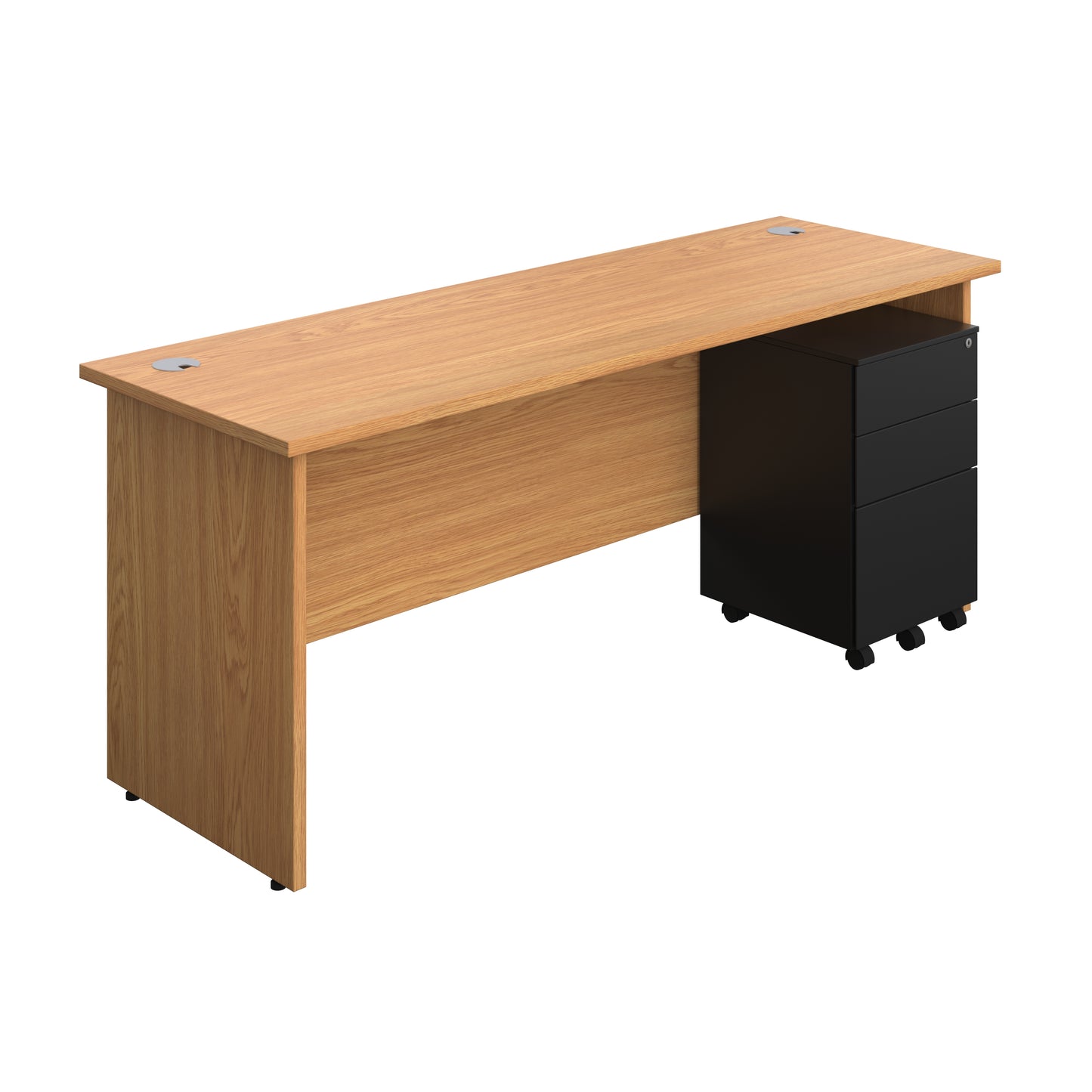 Aztec|Panel|Rectangular Desk with 3 Drawer Black Steel Pedestal|1800x600|Nova Oak