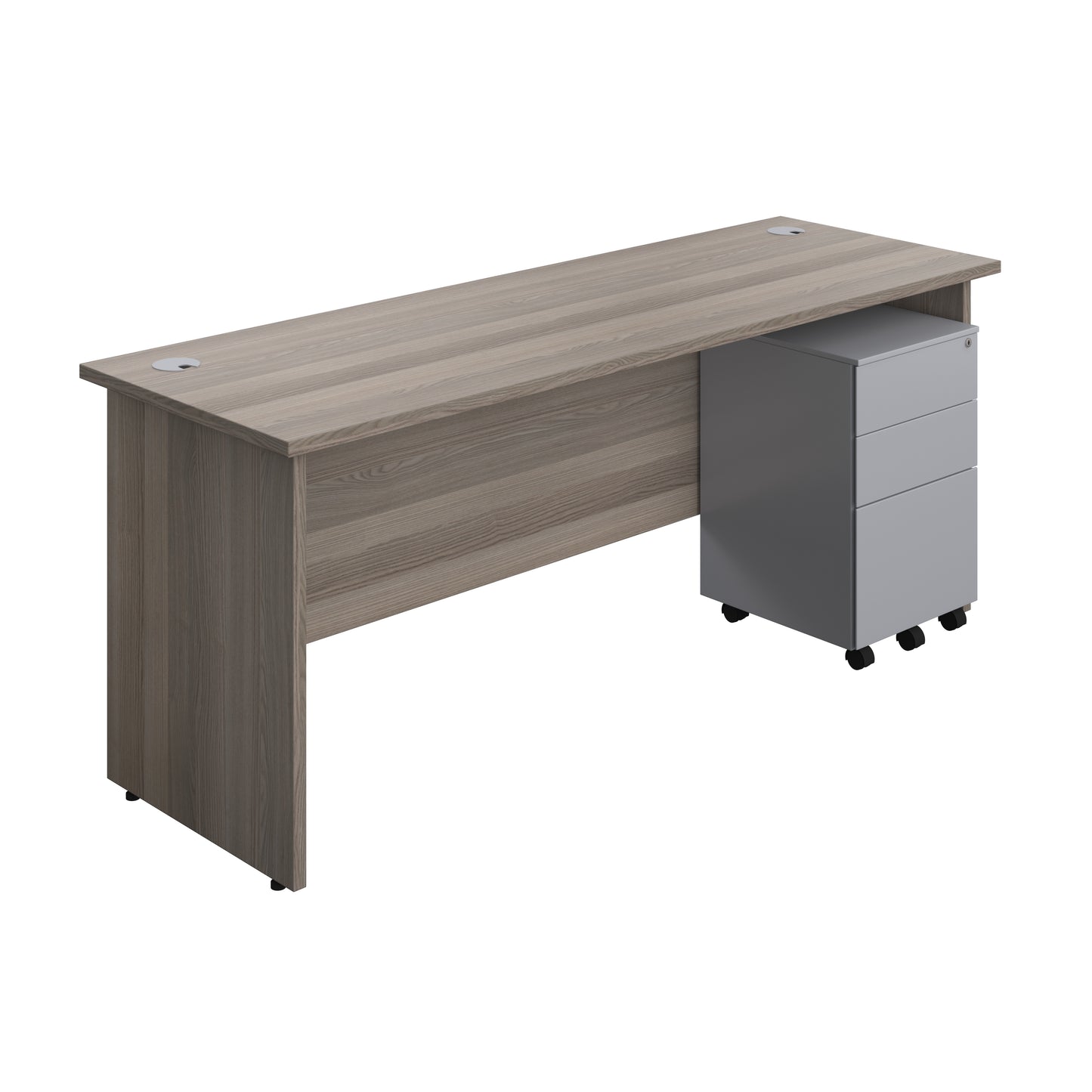 Aztec|Panel|Rectangular Desk with 3 Drawer Silver Steel Pedestal|1800x600|Grey Oak