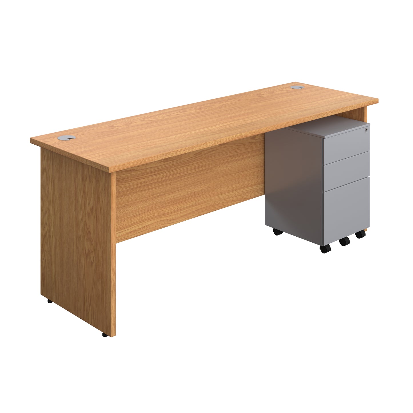 Aztec|Panel|Rectangular Desk with 3 Drawer Silver Steel Pedestal|1800x600|Nova Oak