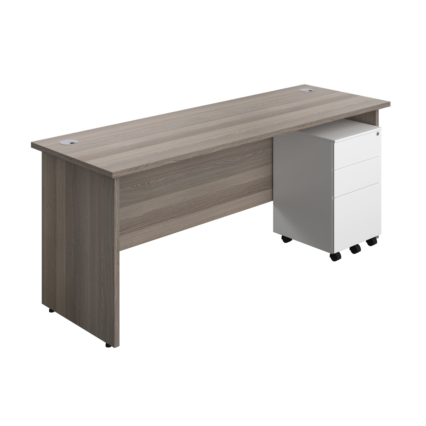 Aztec|Panel|Rectangular Desk with 3 Drawer White Steel Pedestal|1800x600|Grey Oak
