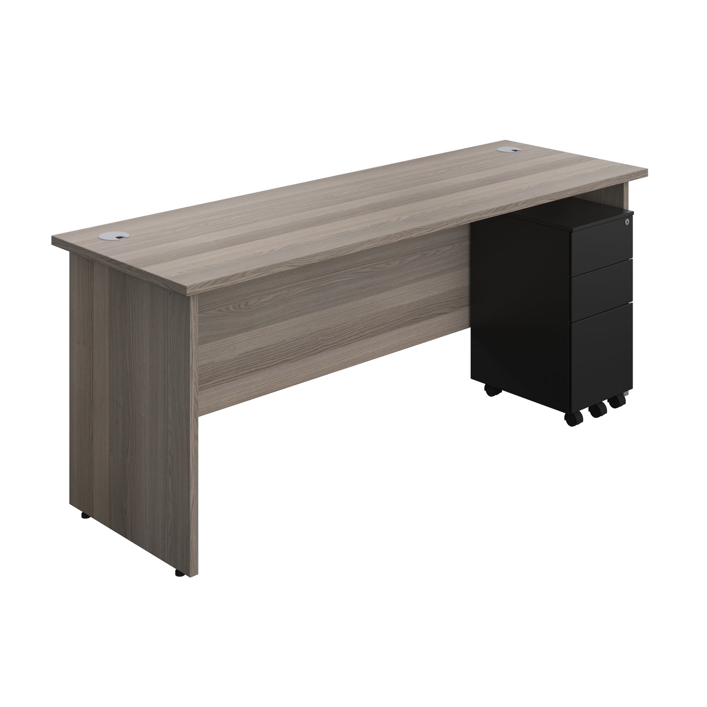 Aztec|Panel|Rectangular Desk with 3 Drawer Black Slimline Steel Pedestal|1800x600|Grey Oak