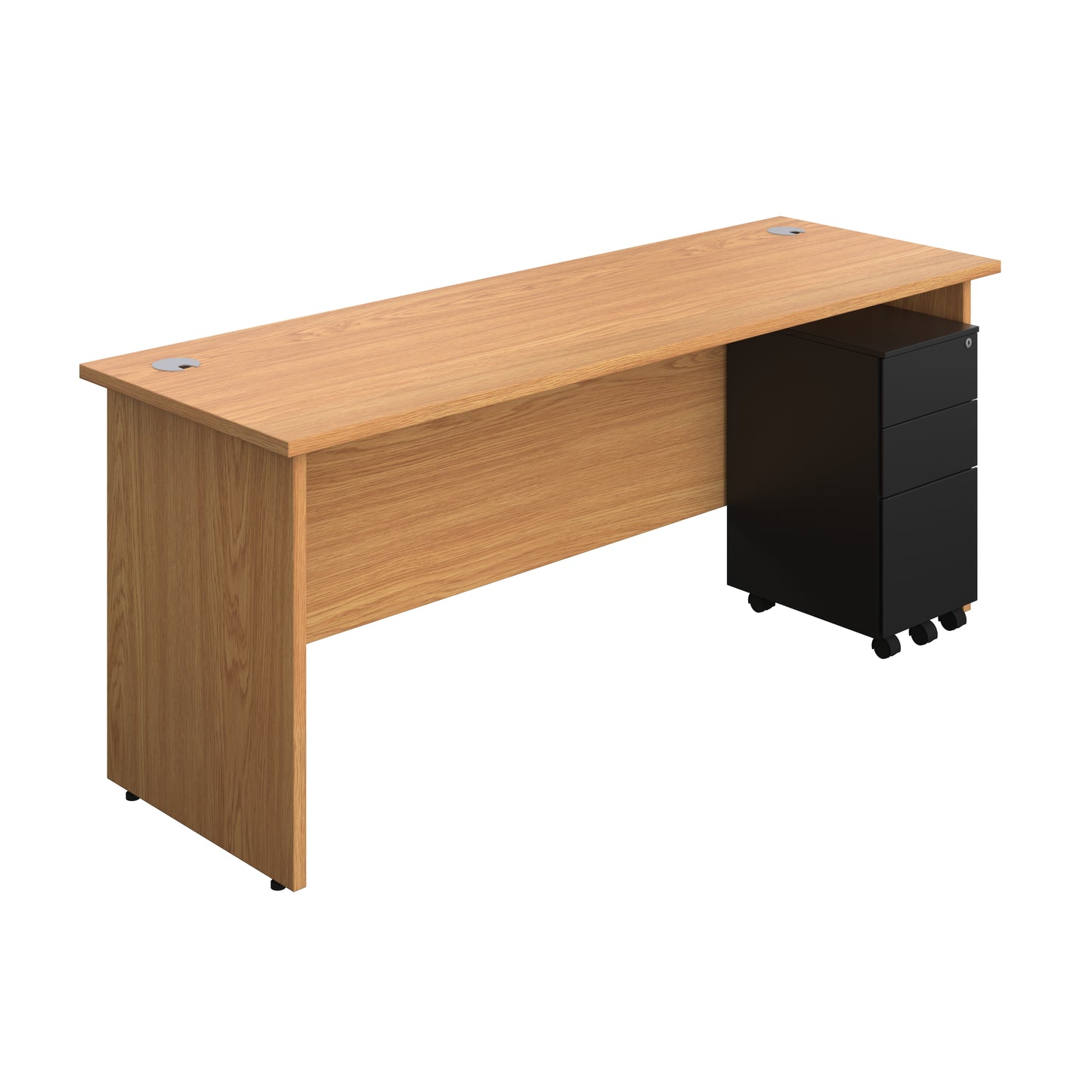 Aztec|Panel|Rectangular Desk with 3 Drawer Black Slimline Steel Pedestal|1800x600|Nova Oak