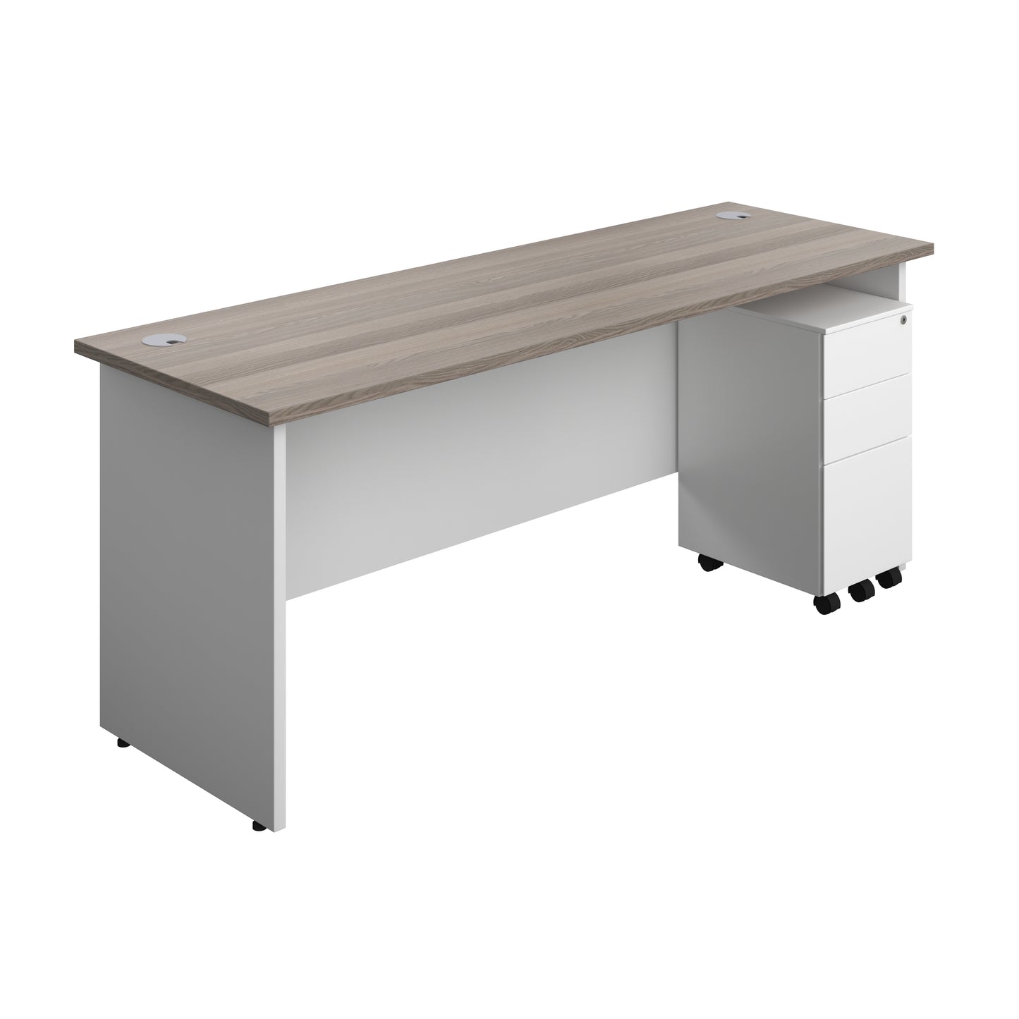 Aztec|Panel|Rectangular Desk with 3 Drawer Slimline Steel Pedestal|1800x600|Grey Oak-White