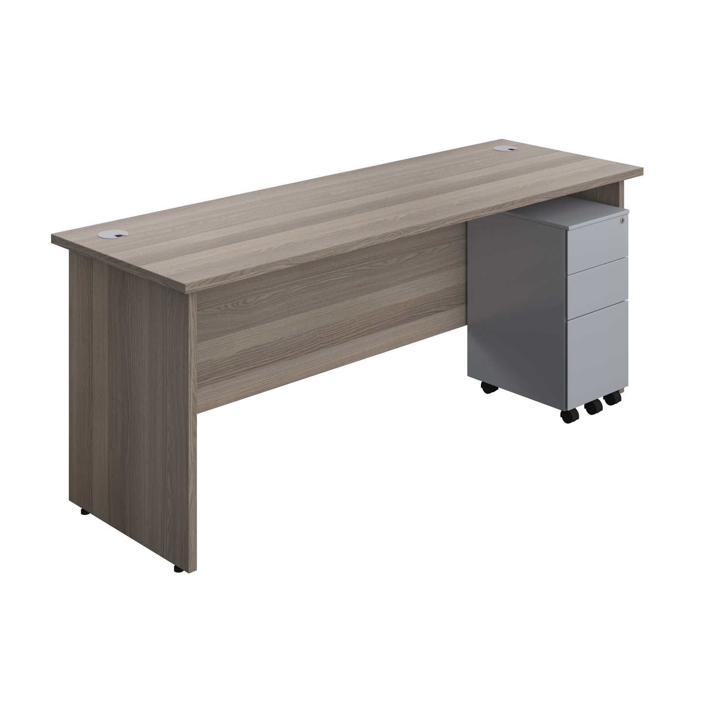Aztec|Panel|Rectangular Desk with 3 Drawer Silver Slimline Steel Pedestal|1800x600|Grey Oak