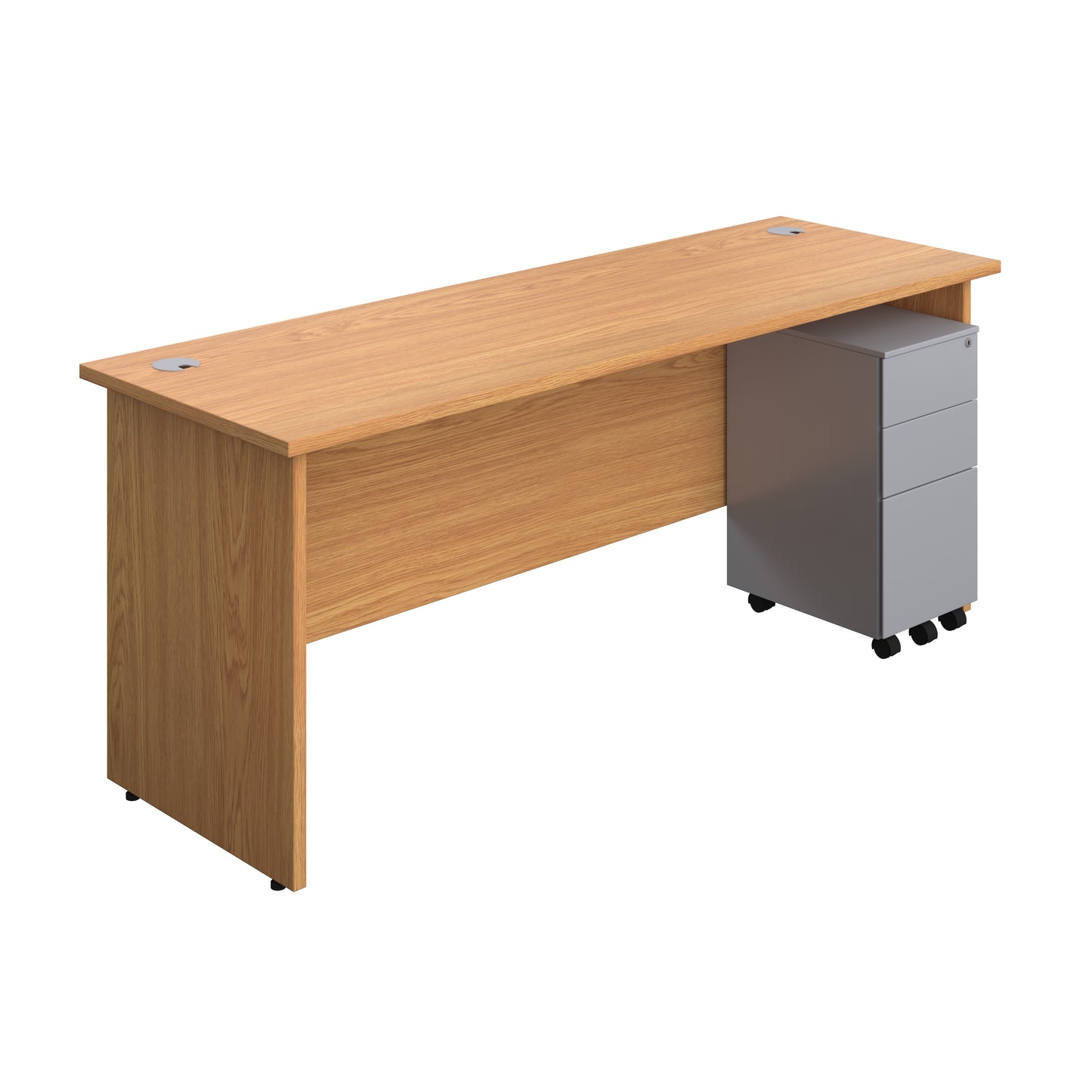 Aztec|Panel|Rectangular Desk with 3 Drawer Silver Slimline Steel Pedestal|1800x600|Nova Oak