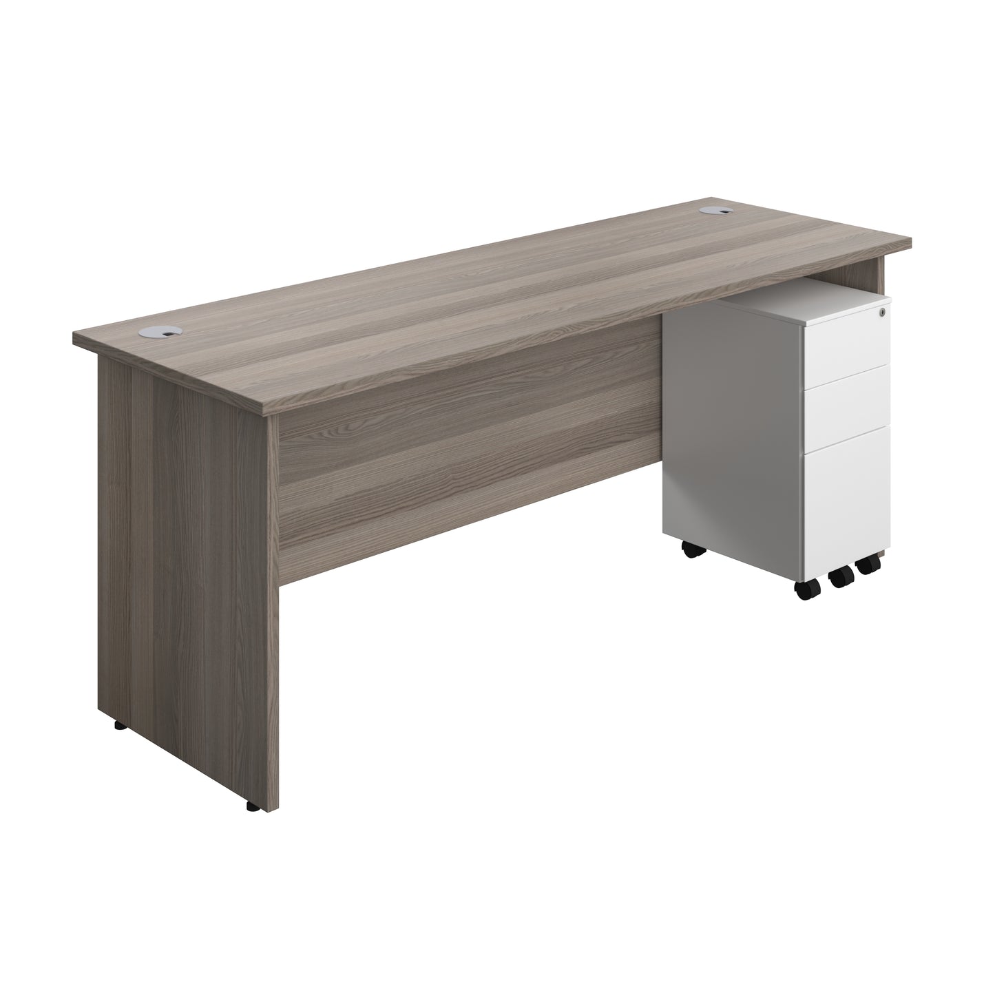 Aztec|Panel|Rectangular Desk with 3 Drawer White Slimline Steel Pedestal|1800x600|Grey Oak