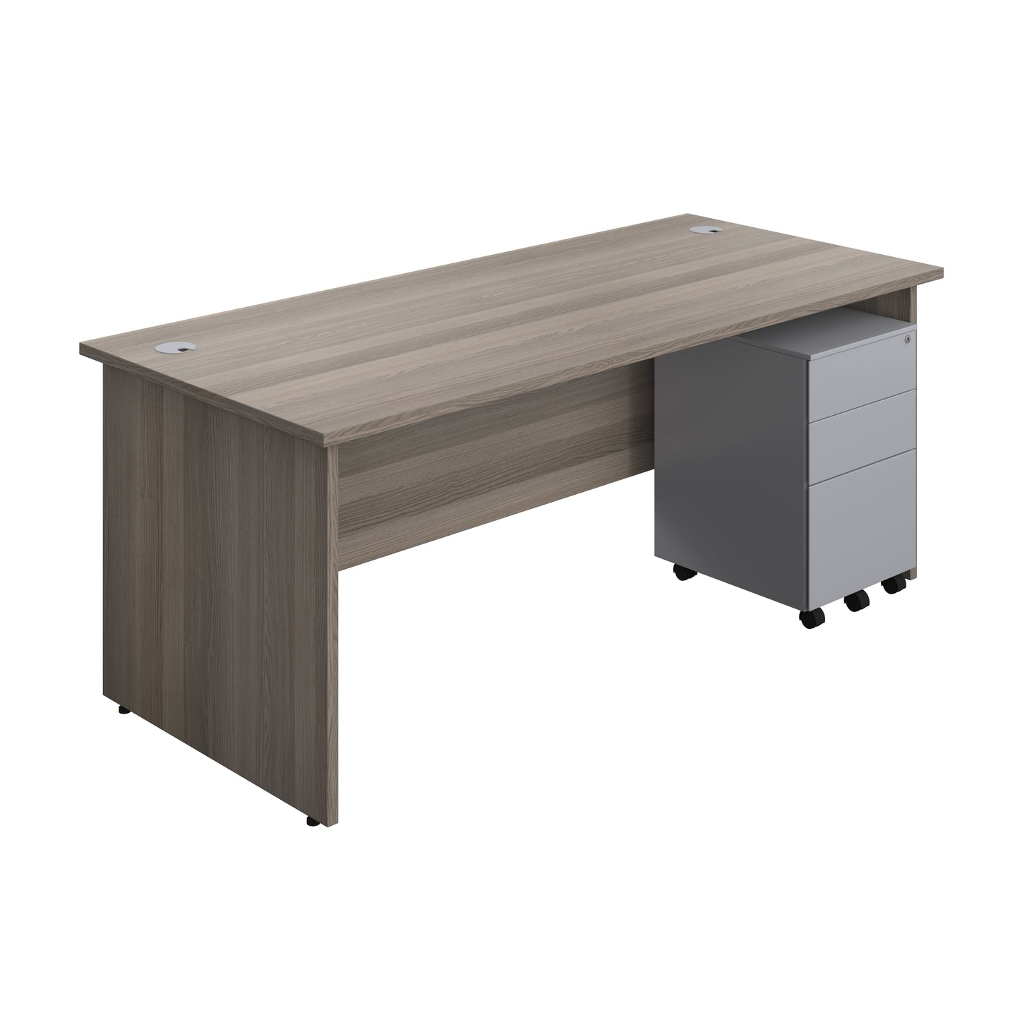 Aztec|Panel|Rectangular Desk with 3 Drawer Silver Steel Pedestal|1800x800|Grey Oak