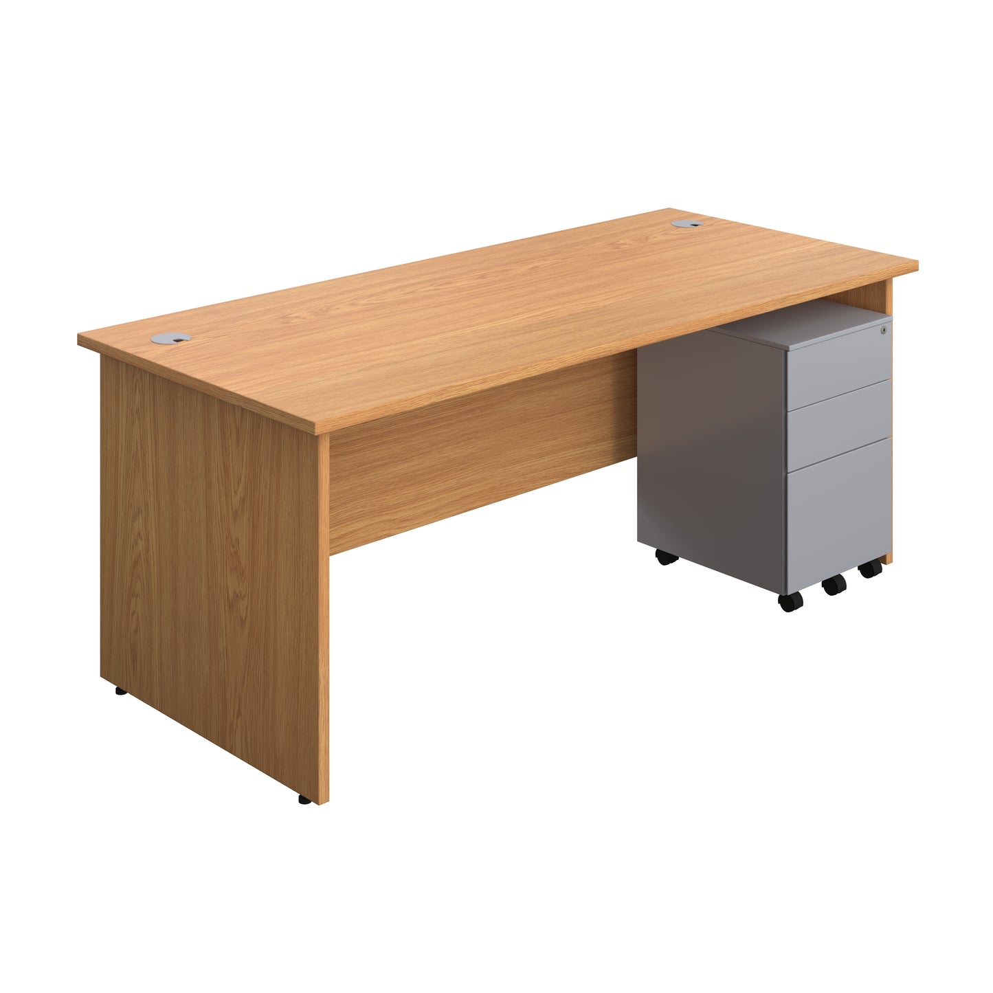Aztec|Panel|Rectangular Desk with 3 Drawer Silver Steel Pedestal|1800x800|Nova Oak
